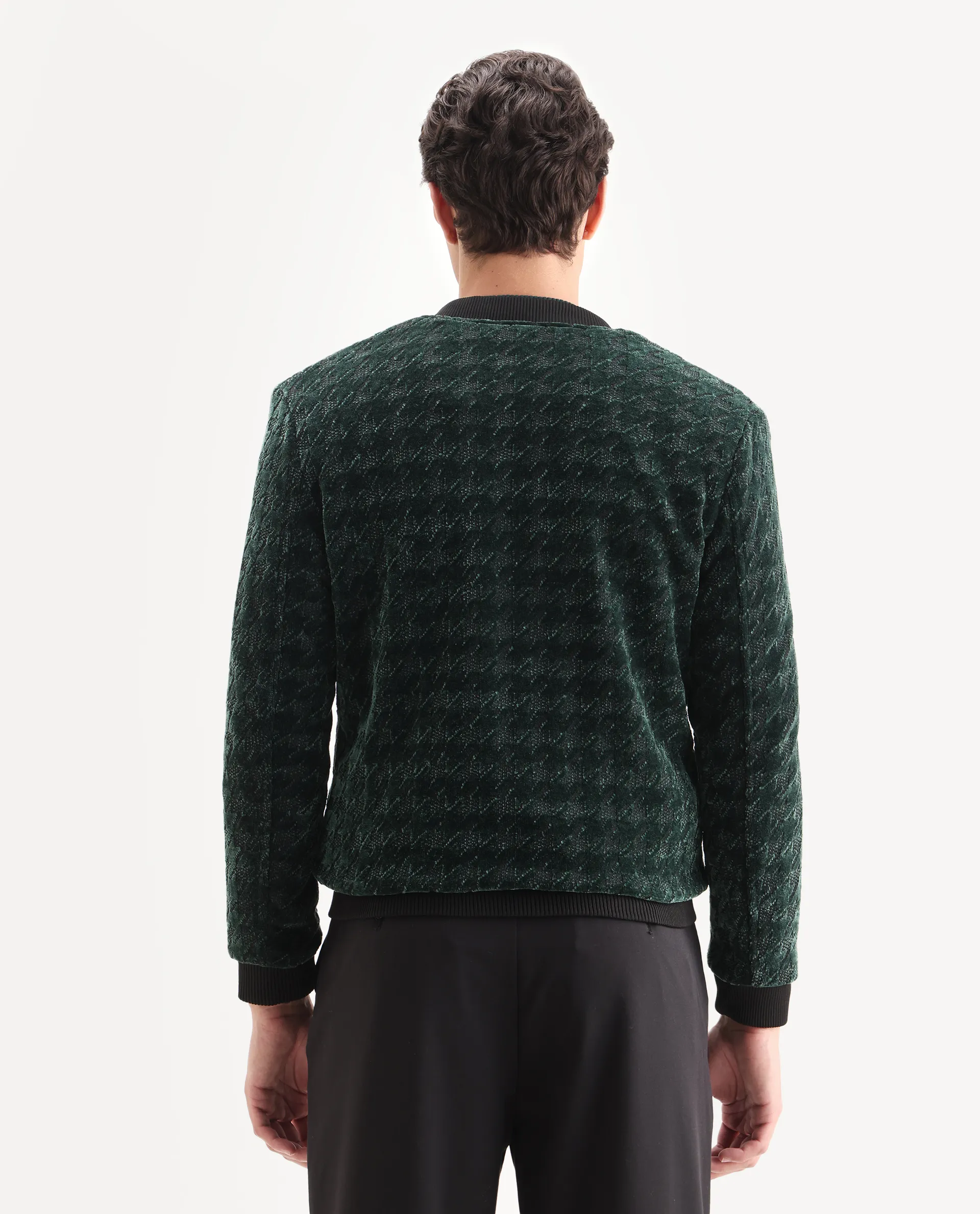 Rare Rabbit Men's Beldon Dark Green Velvet Textured Regular Fit Full Sleeve Stand Collar Jacket - Image 7