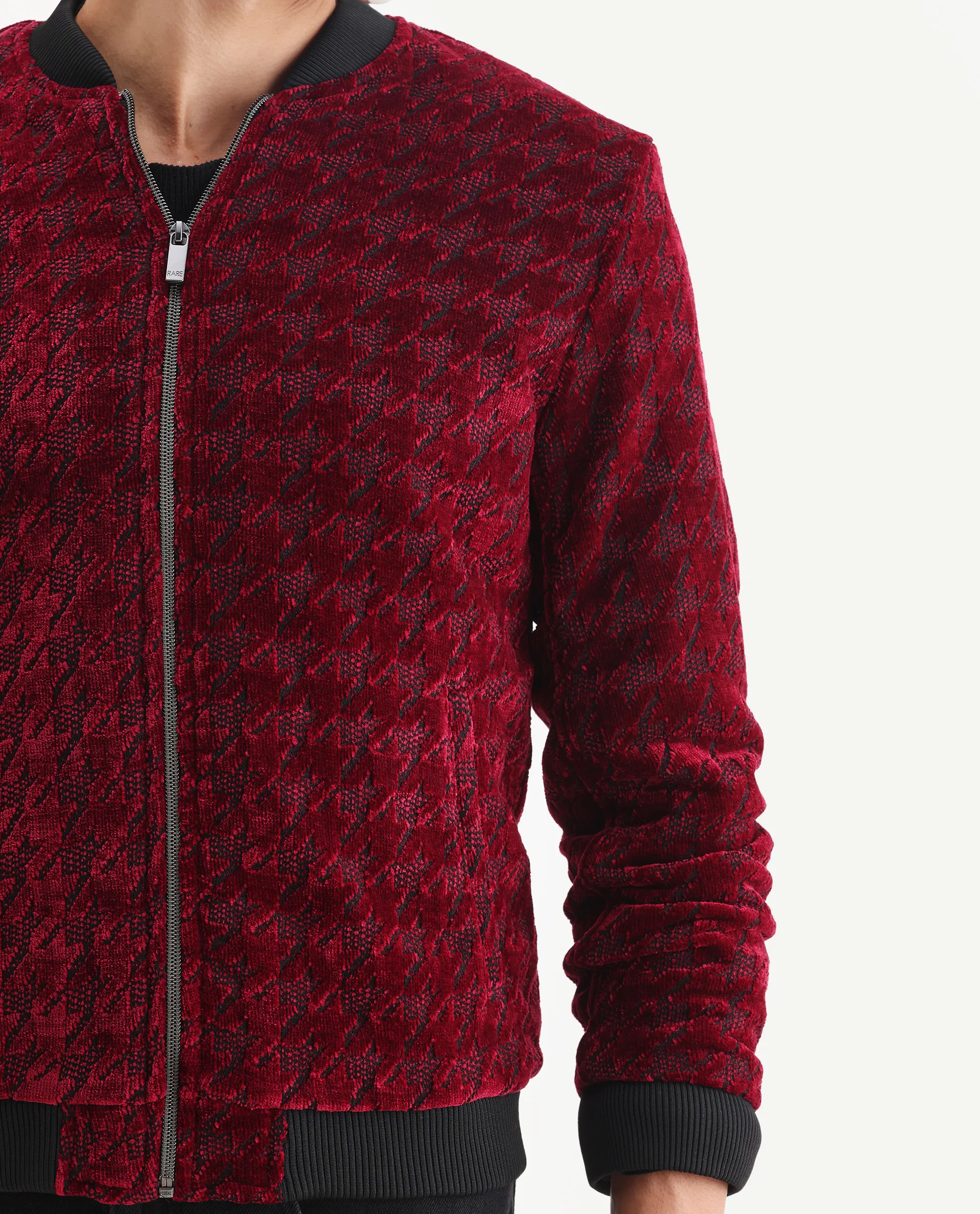 Rare Rabbit Men's Beldon Red Velvet Textured Regular Fit Full Sleeve Stand Collar Jacket - Image 3