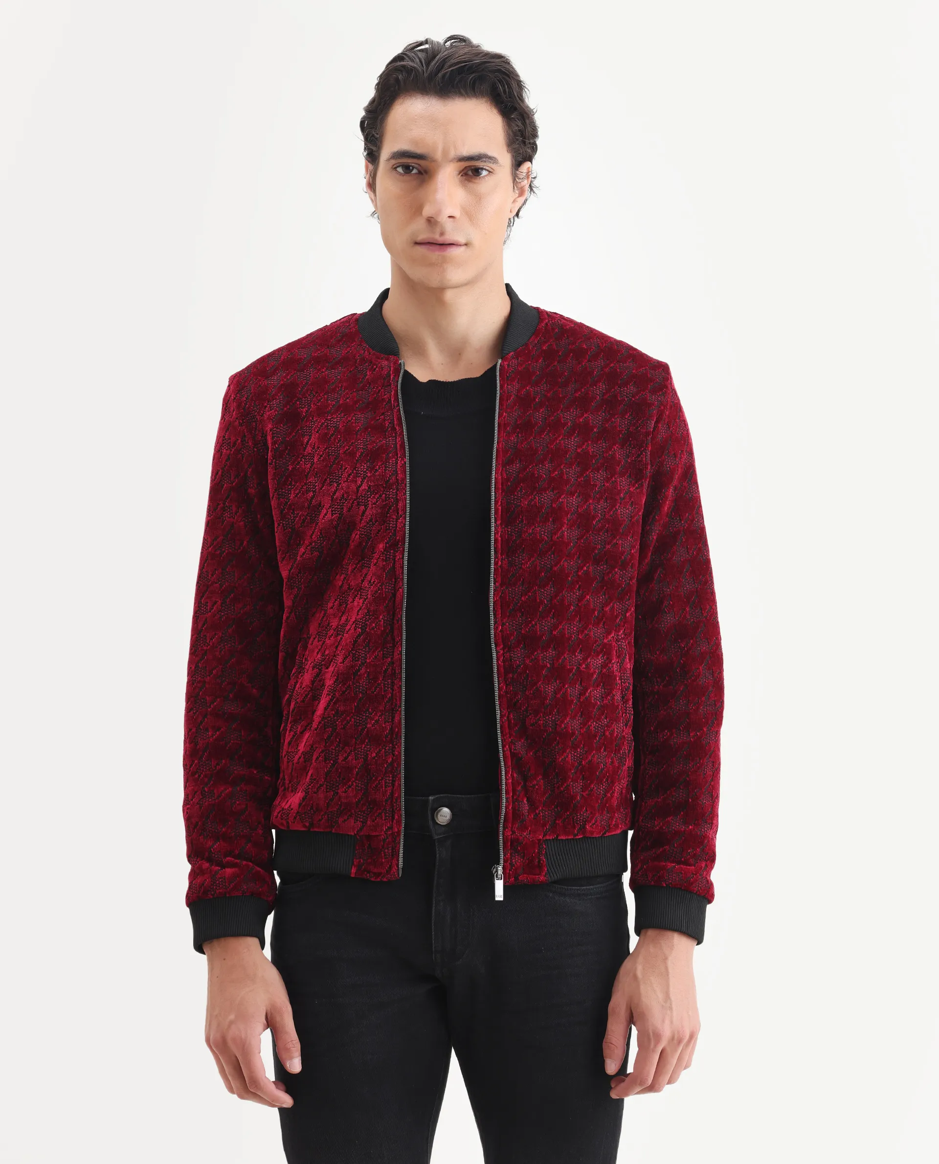 Rare Rabbit Men's Beldon Red Velvet Textured Regular Fit Full Sleeve Stand Collar Jacket - Image 4