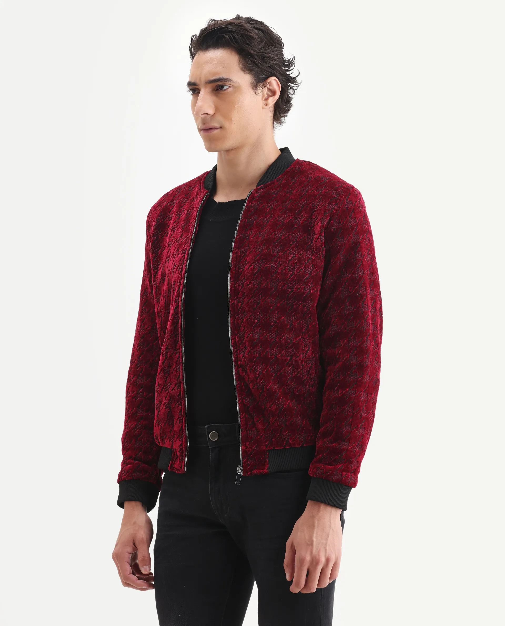 Rare Rabbit Men's Beldon Red Velvet Textured Regular Fit Full Sleeve Stand Collar Jacket - Image 5