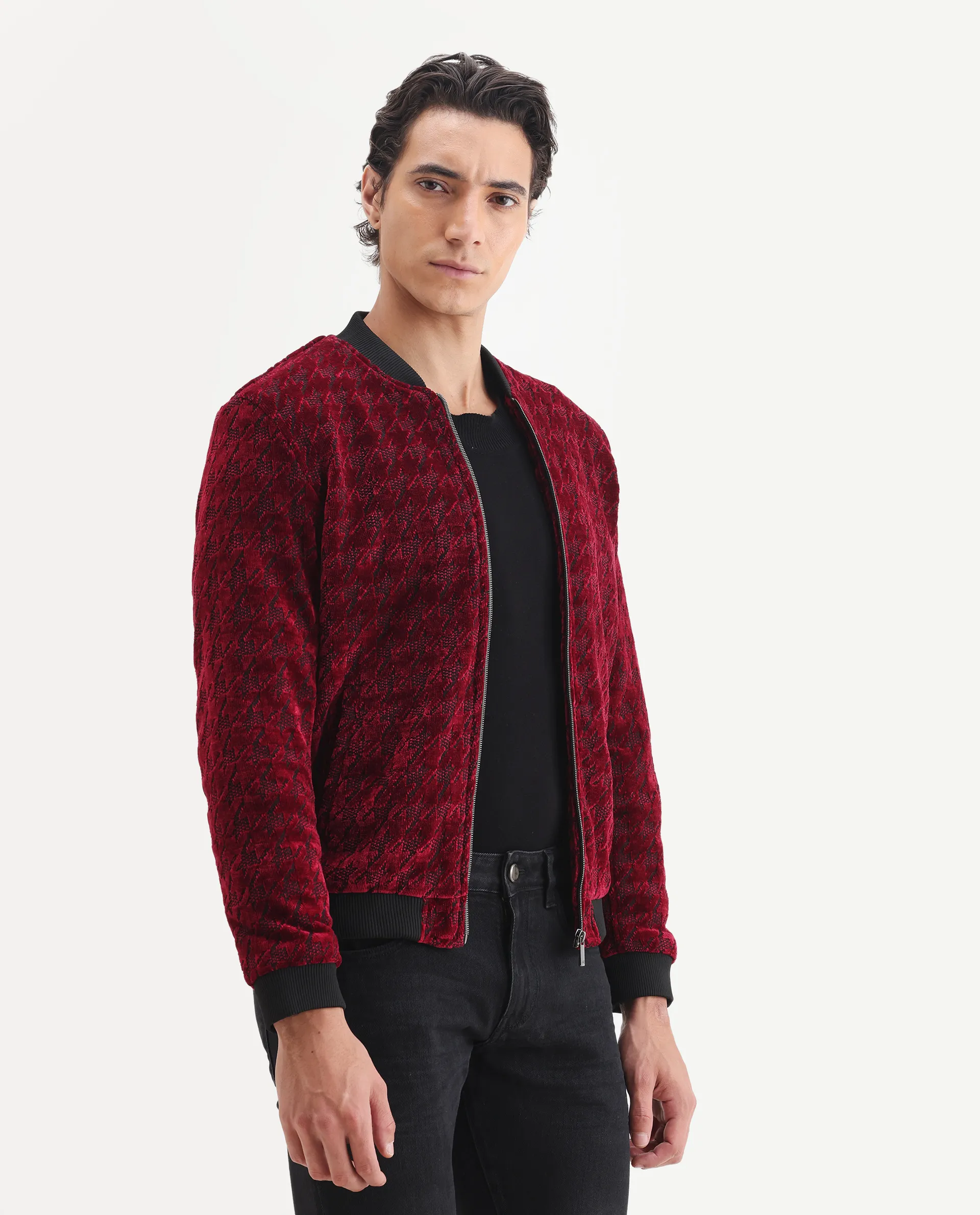 Rare Rabbit Men's Beldon Red Velvet Textured Regular Fit Full Sleeve Stand Collar Jacket - Image 6