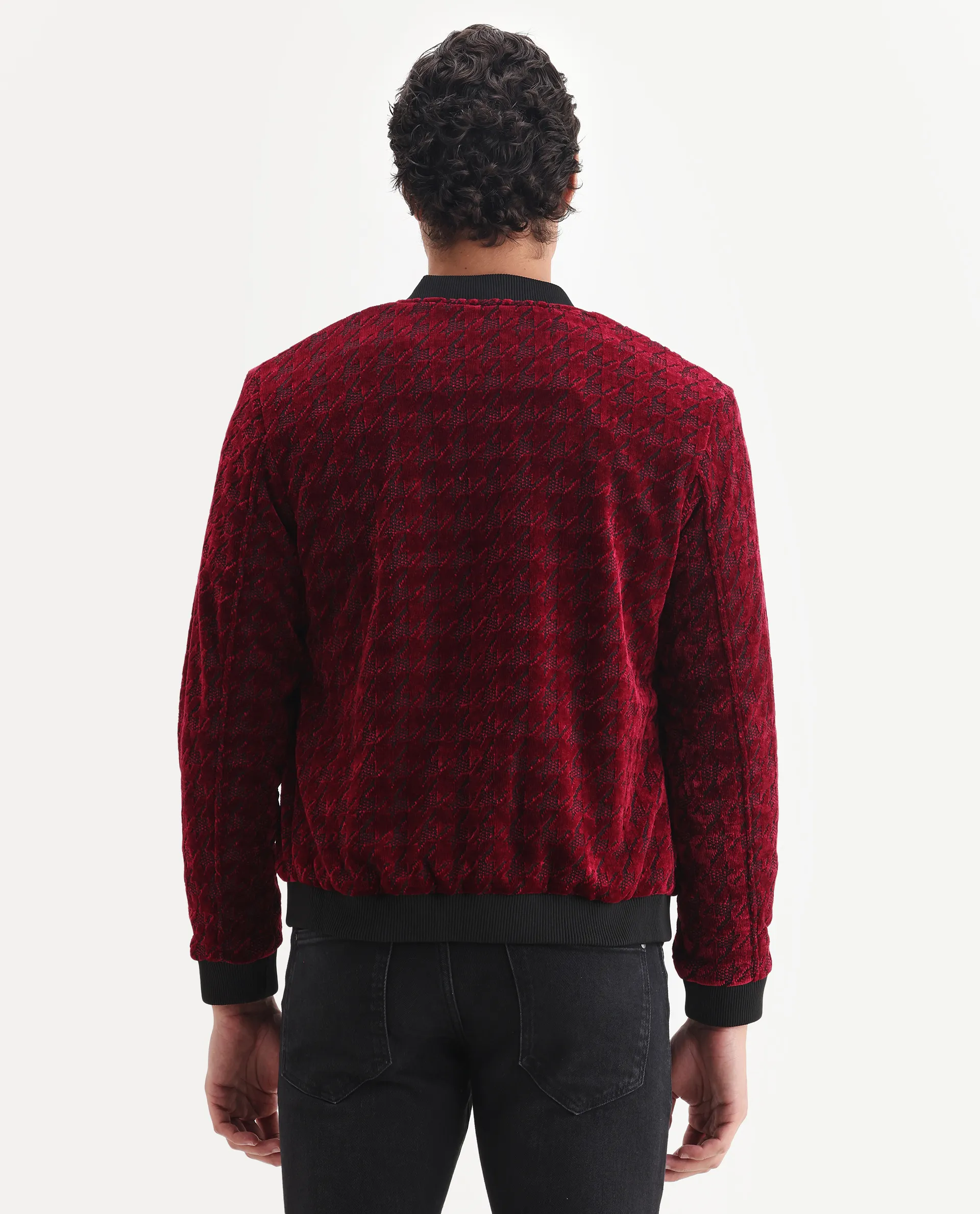 Rare Rabbit Men's Beldon Red Velvet Textured Regular Fit Full Sleeve Stand Collar Jacket - Image 7