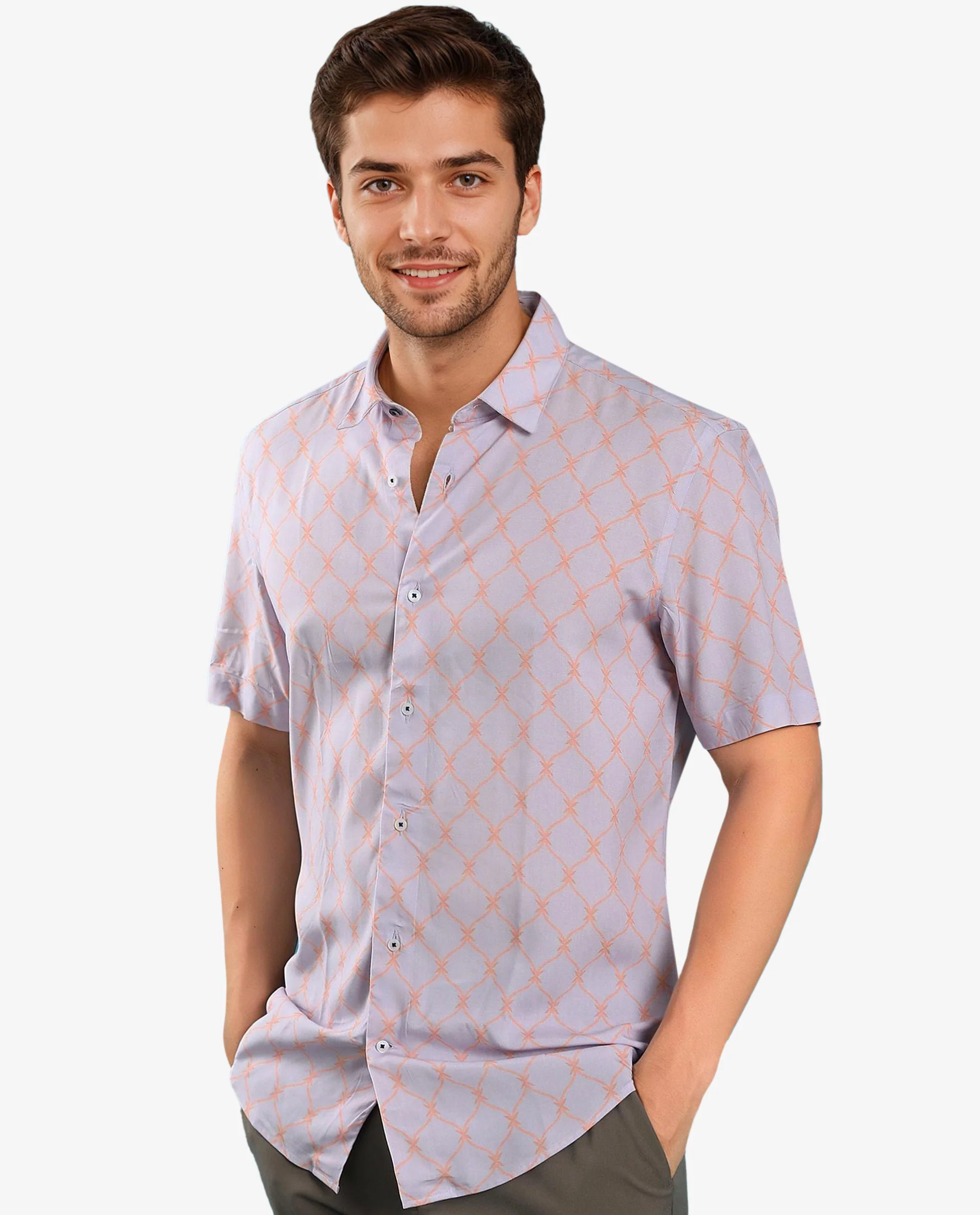 Rare Rabbit Men's Beldon Pastel Purple Cotton Geometric Print Regular Fit Half Sleeve Collared Shirt