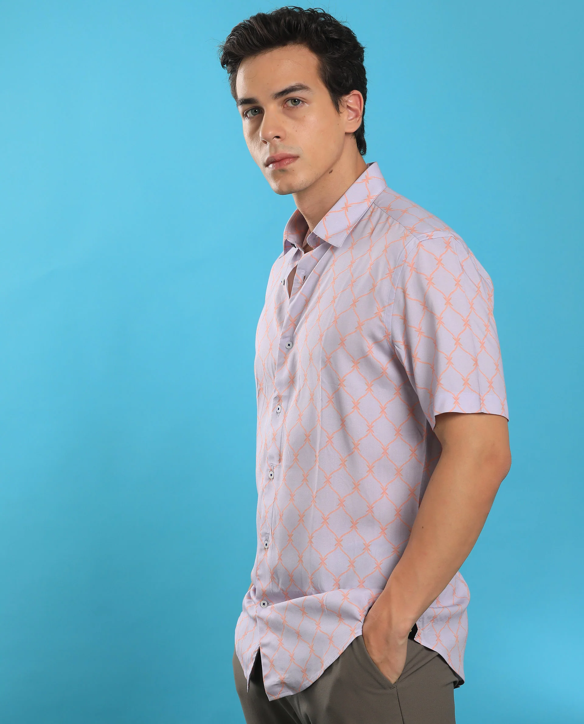 Rare Rabbit Men's Beldon Pastel Purple Cotton Geometric Print Regular Fit Half Sleeve Collared Shirt - Image 5