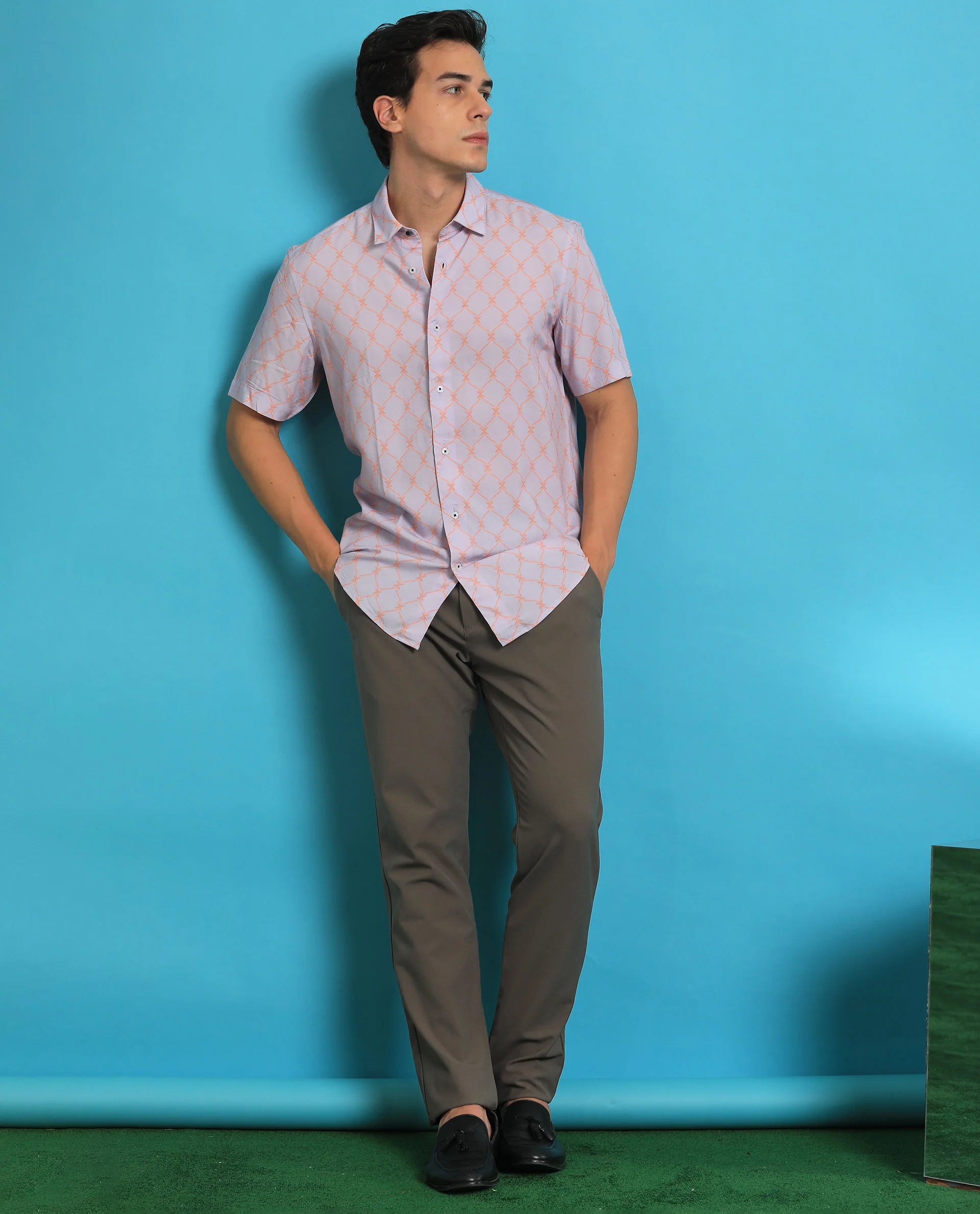 Rare Rabbit Men's Beldon Pastel Purple Cotton Geometric Print Regular Fit Half Sleeve Collared Shirt - Image 6