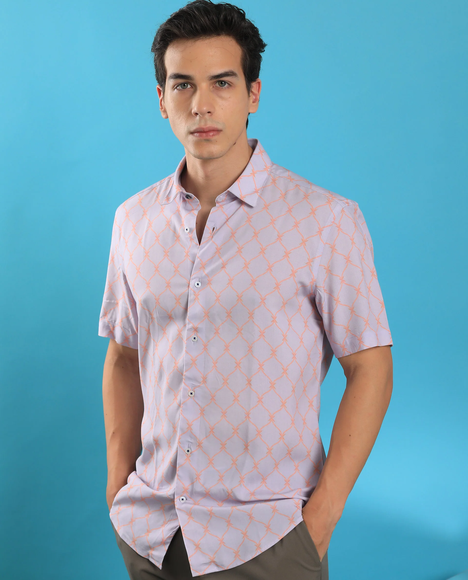 Rare Rabbit Men's Beldon Pastel Purple Cotton Geometric Print Regular Fit Half Sleeve Collared Shirt - Image 7