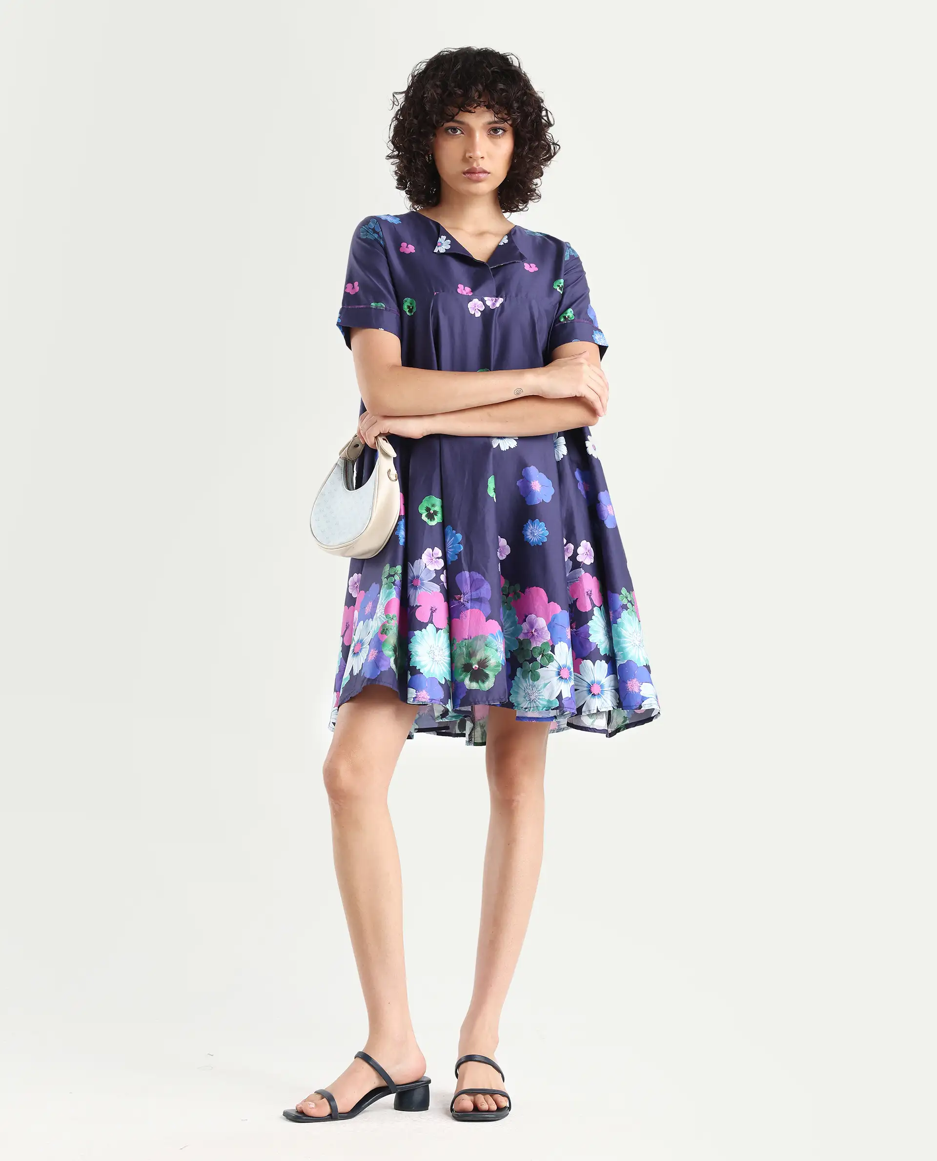 Rareism Women's Belente Blue Cotton Lapel Neck Floral Print Midi Flared Dress - Image 2