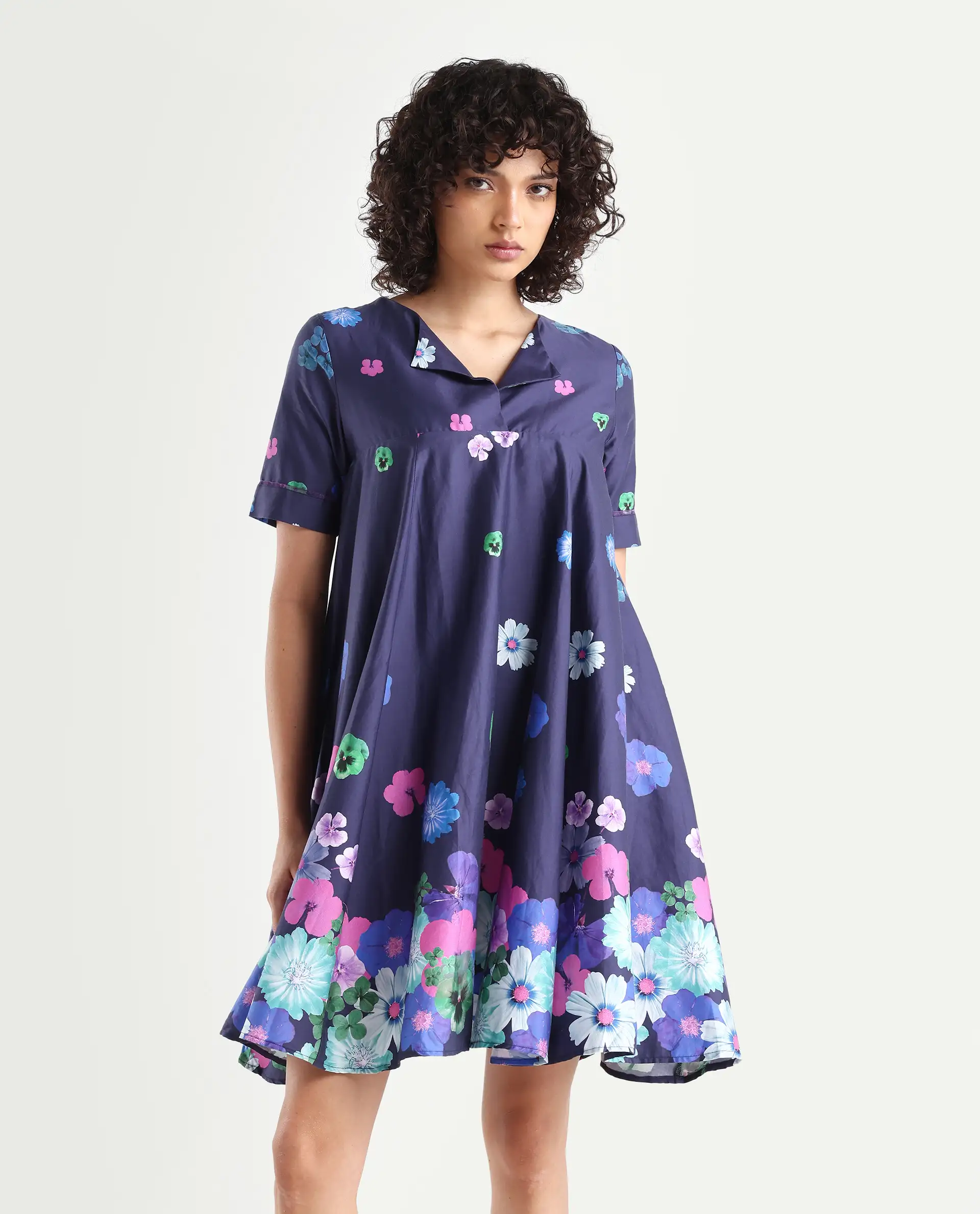 Rareism Women's Belente Blue Cotton Lapel Neck Floral Print Midi Flared Dress - Image 3
