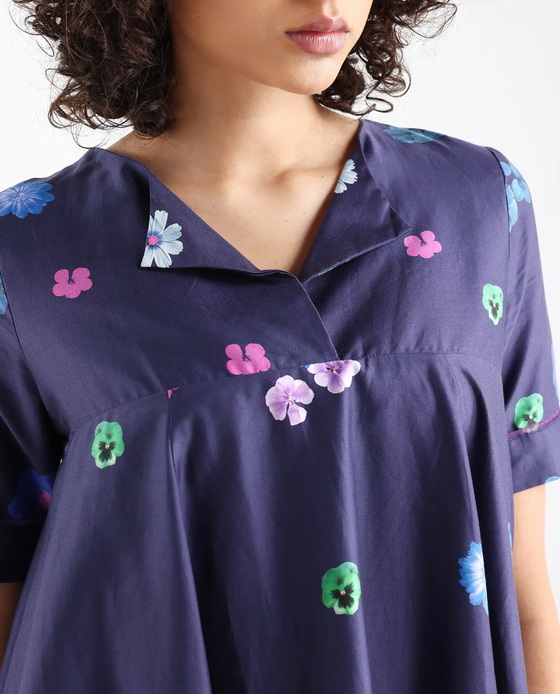 Rareism Women's Belente Blue Cotton Lapel Neck Floral Print Midi Flared Dress - Image 4