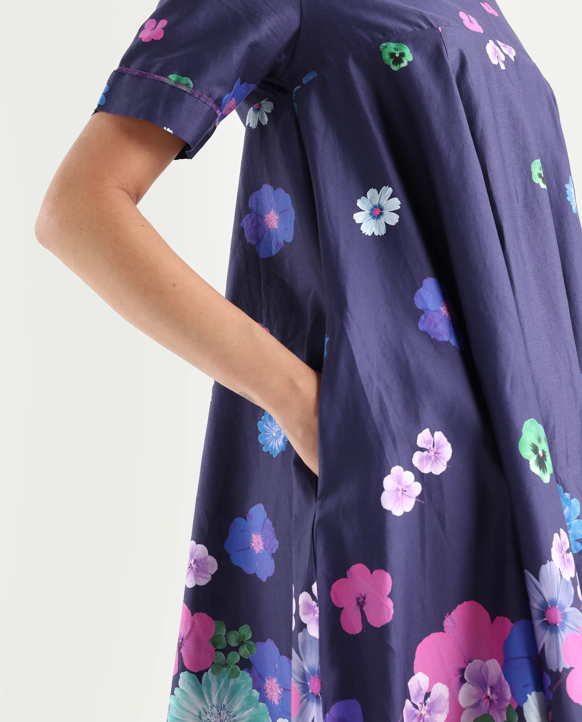Rareism Women's Belente Blue Cotton Lapel Neck Floral Print Midi Flared Dress - Image 5