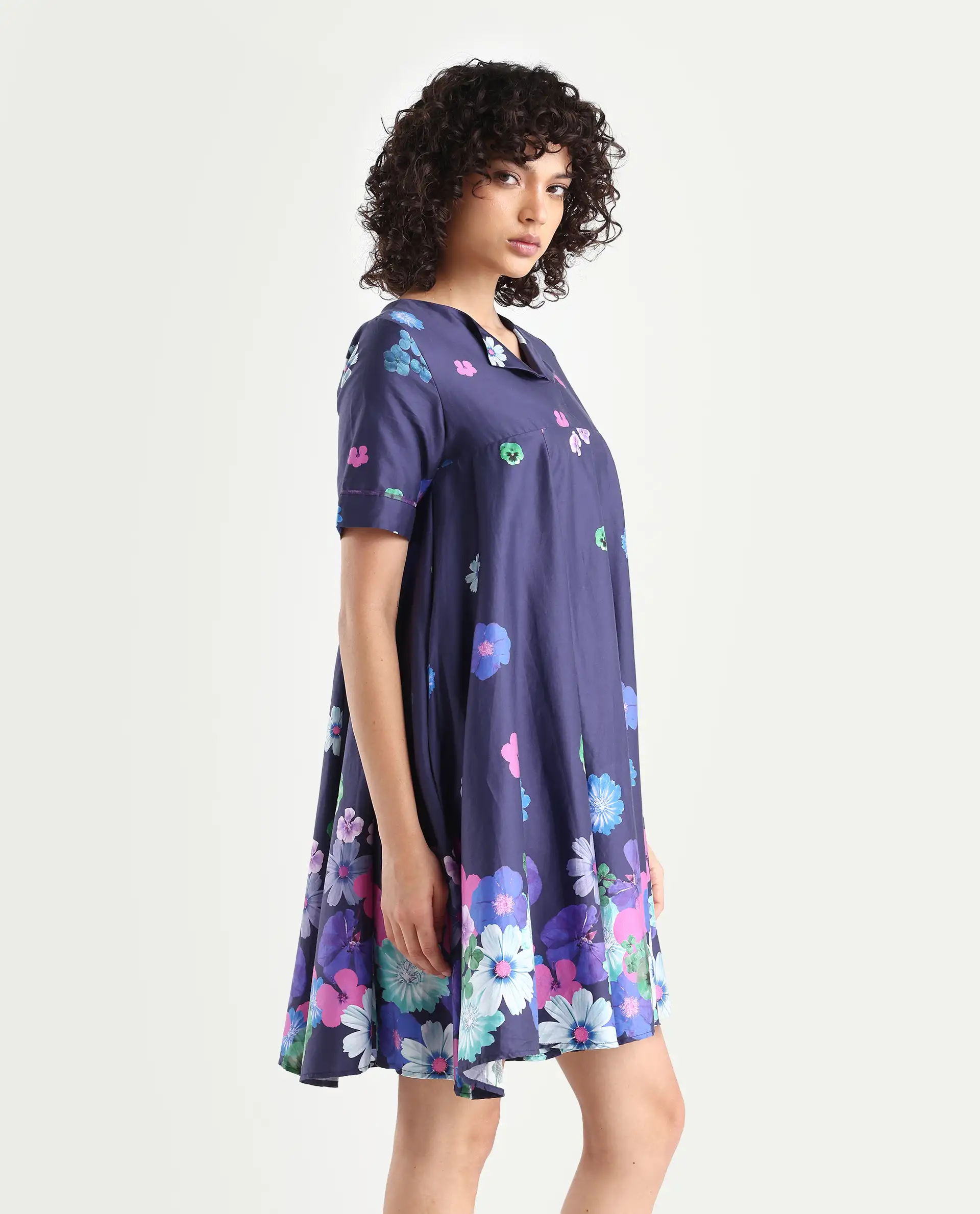 Rareism Women's Belente Blue Cotton Lapel Neck Floral Print Midi Flared Dress - Image 6