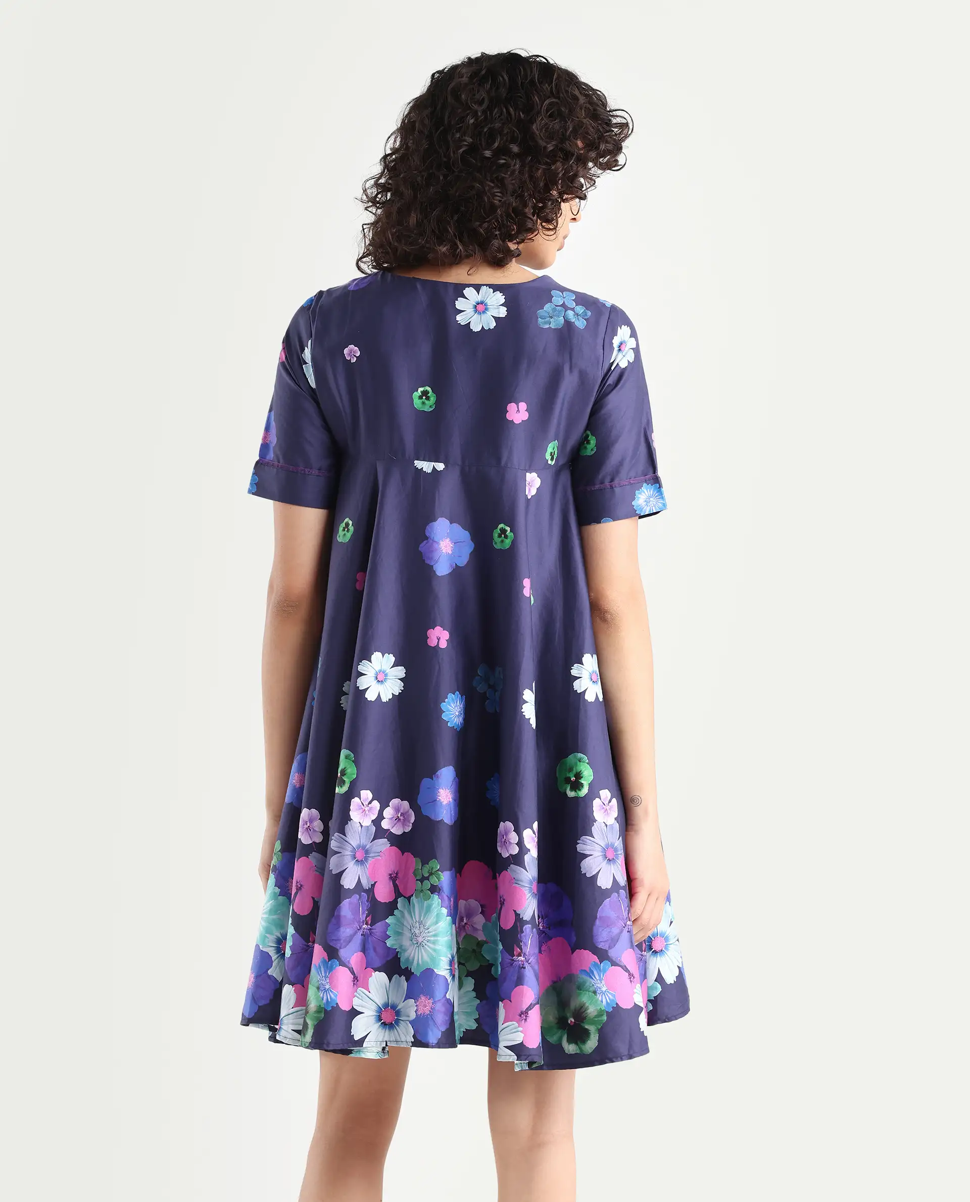 Rareism Women's Belente Blue Cotton Lapel Neck Floral Print Midi Flared Dress - Image 7