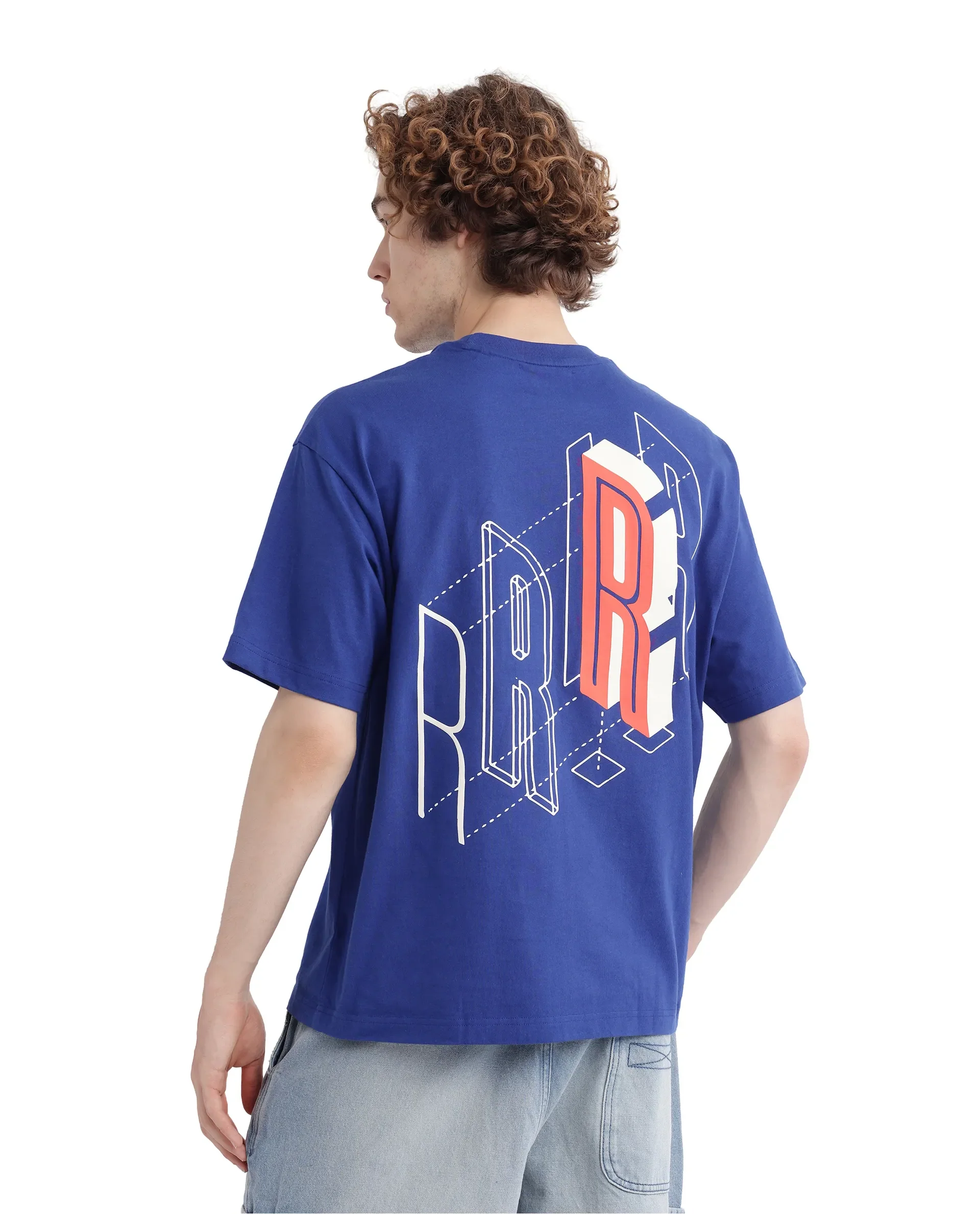 Rare Rabbit Men's Belet Blue Cotton Hd Print Oversized Fit Half Sleeve Crew Neck T-Shirt - Image 4