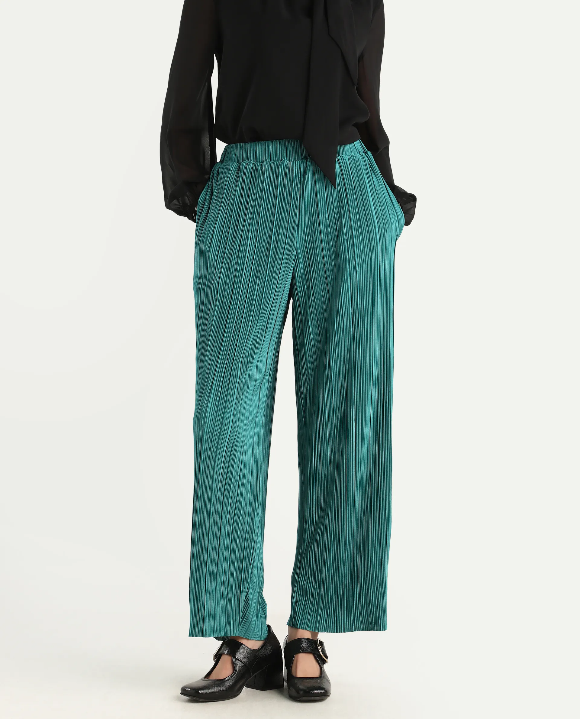 Rareism Women's Belgarde-B Petrol Polyester Plain Ankle Length Straight Fit Trouser - Image 3