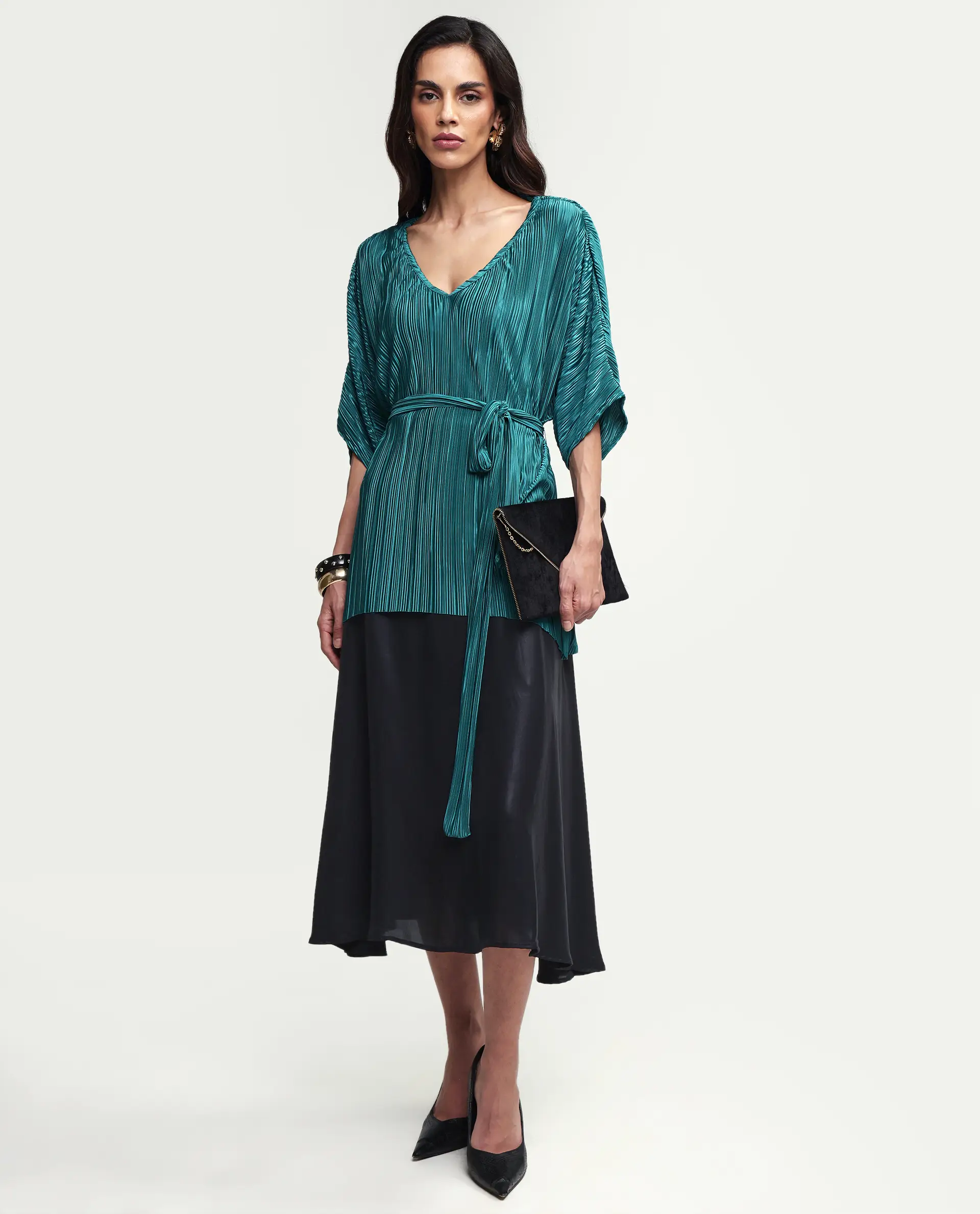 Rareism Women's Belgarde-T Petrol Polyester V-Neck Plain Extended Sleeves Relaxed Fit Top - Image 2