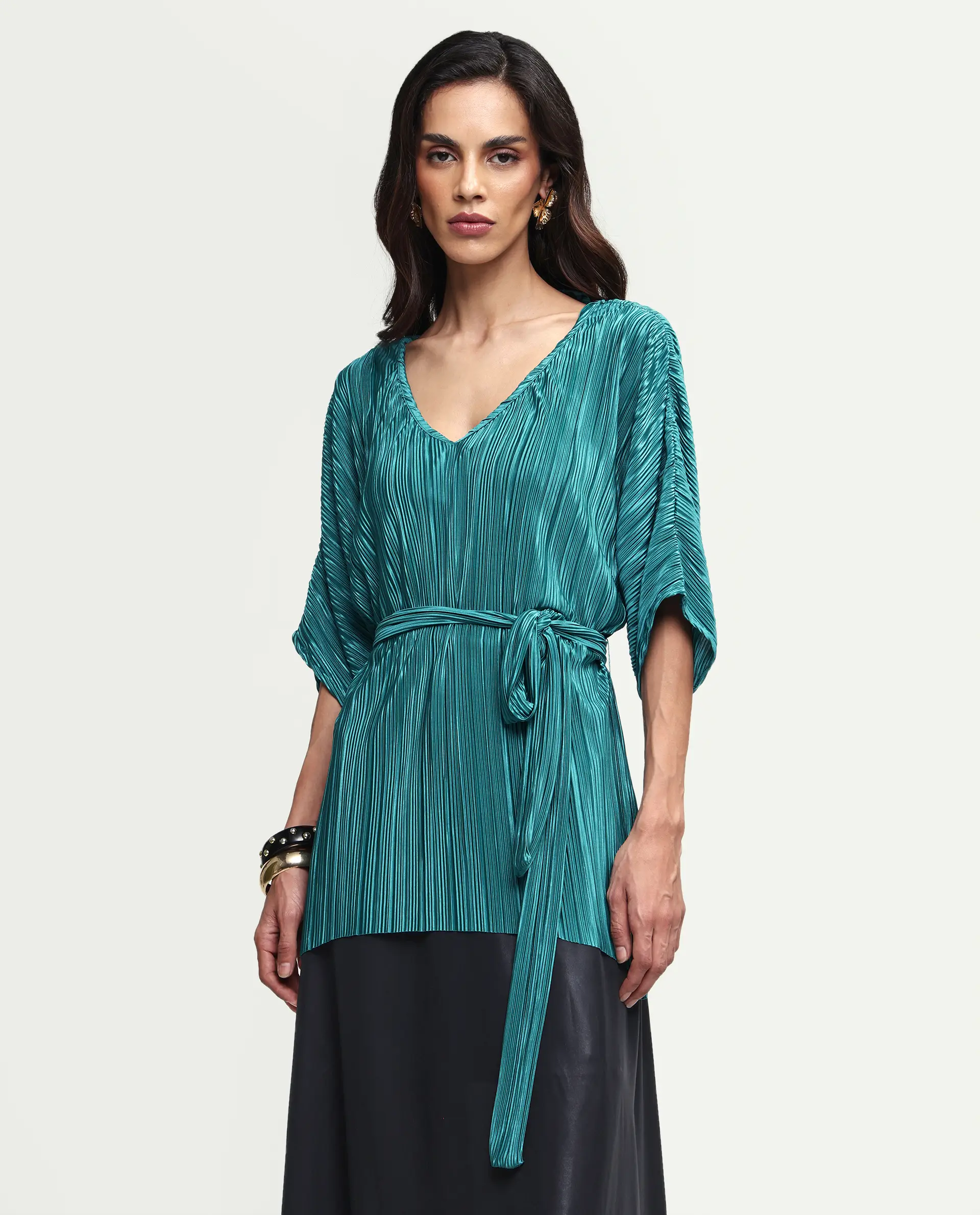 Rareism Women's Belgarde-T Petrol Polyester V-Neck Plain Extended Sleeves Relaxed Fit Top - Image 3