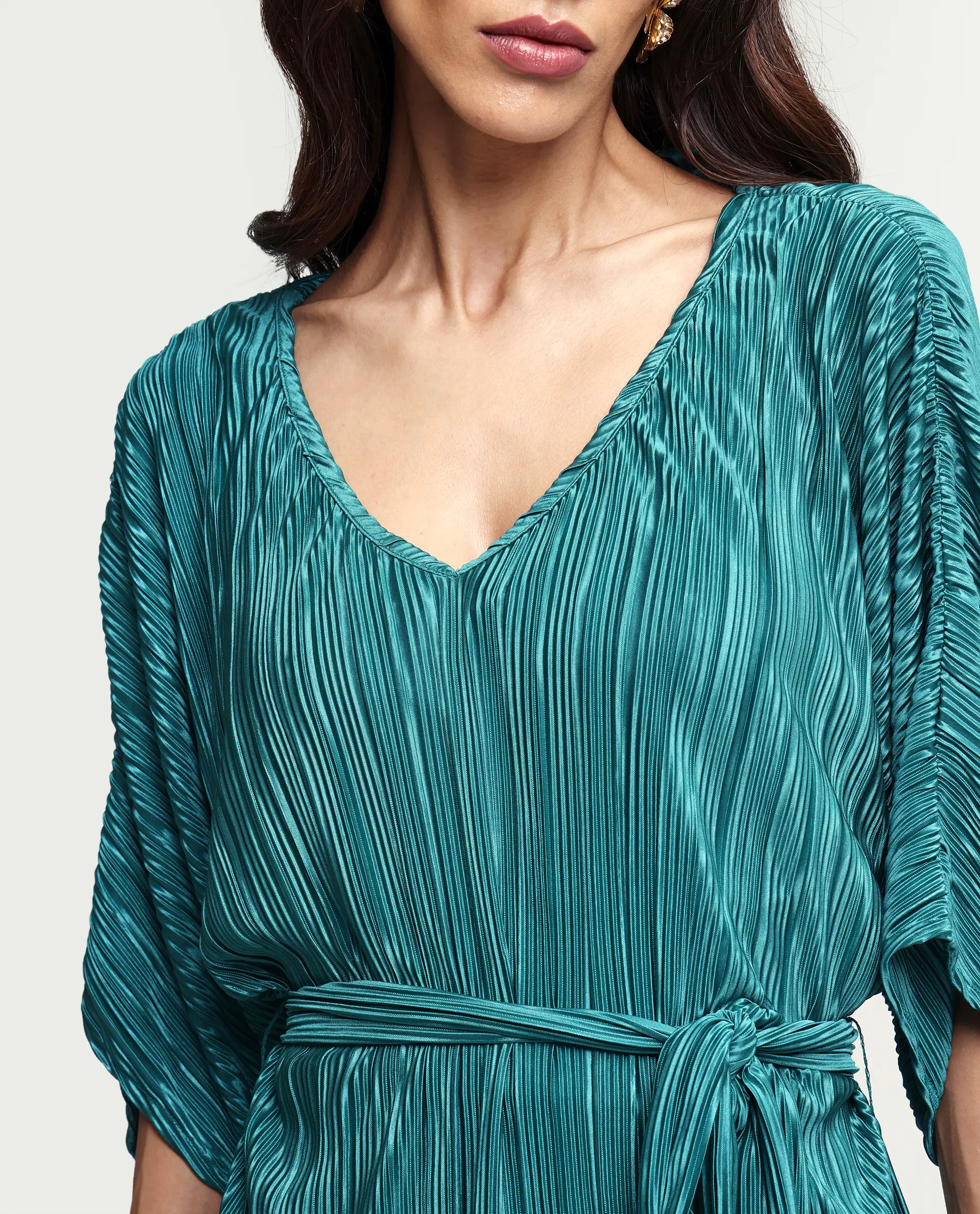 Rareism Women's Belgarde-T Petrol Polyester V-Neck Plain Extended Sleeves Relaxed Fit Top - Image 4