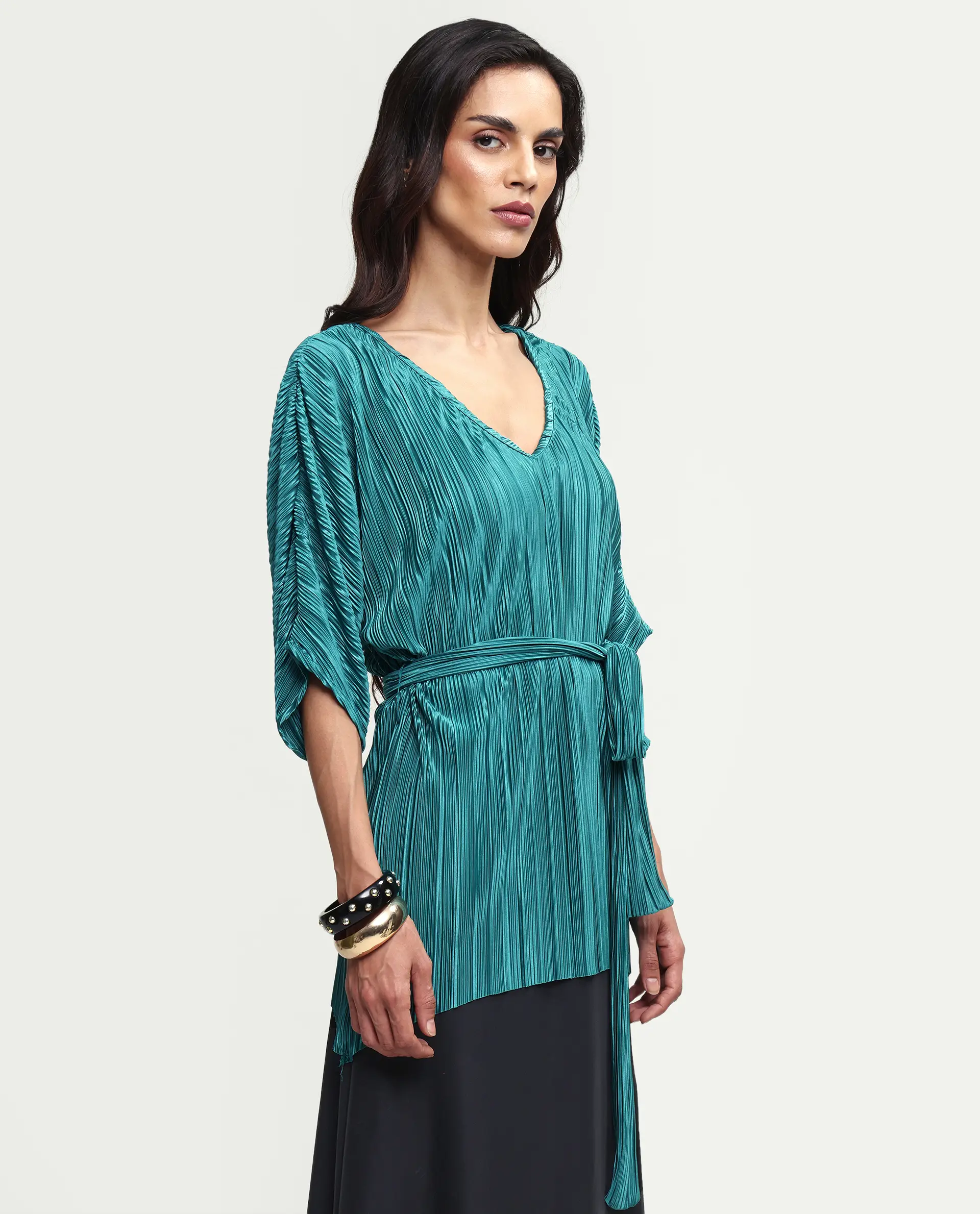 Rareism Women's Belgarde-T Petrol Polyester V-Neck Plain Extended Sleeves Relaxed Fit Top - Image 5