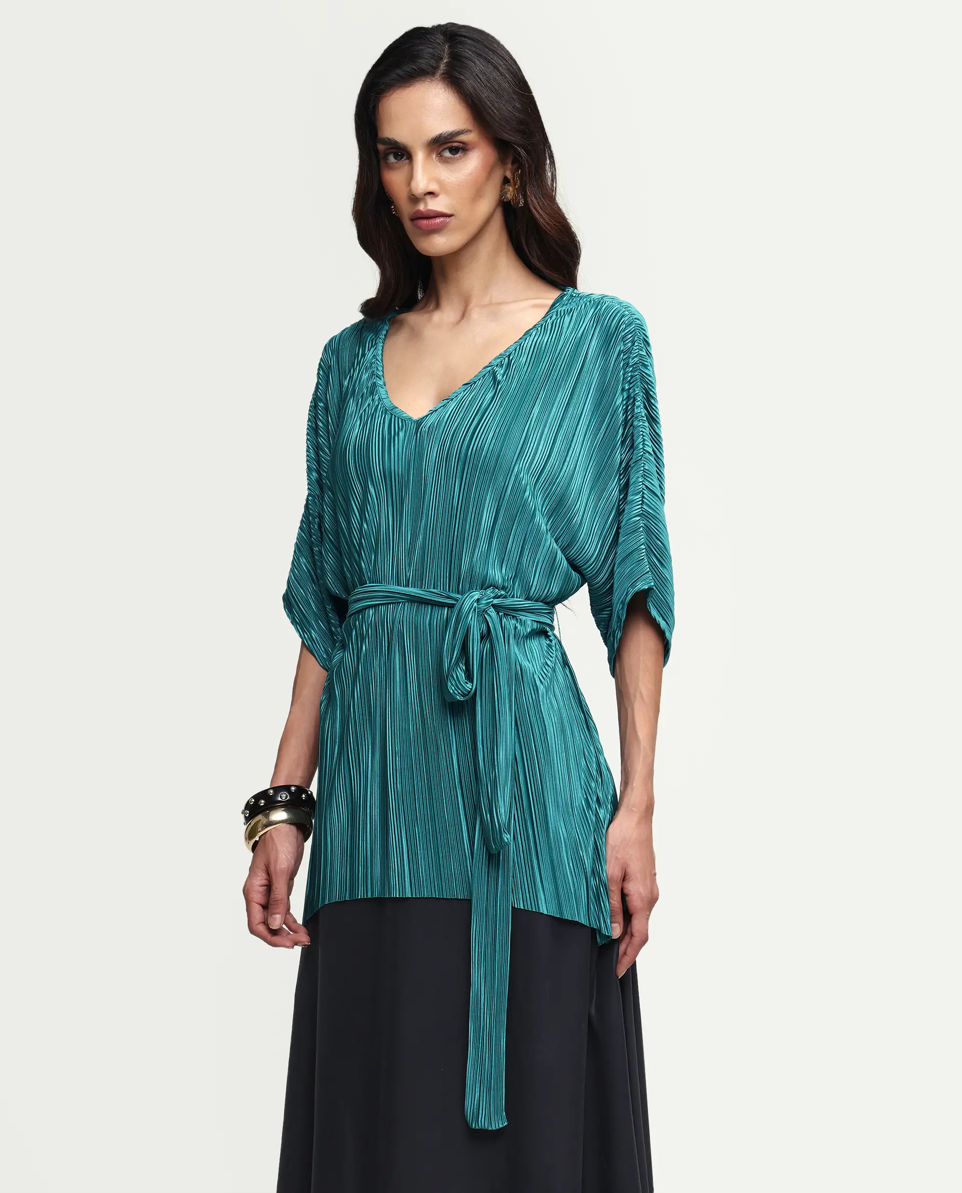 Rareism Women's Belgarde-T Petrol Polyester V-Neck Plain Extended Sleeves Relaxed Fit Top - Image 6