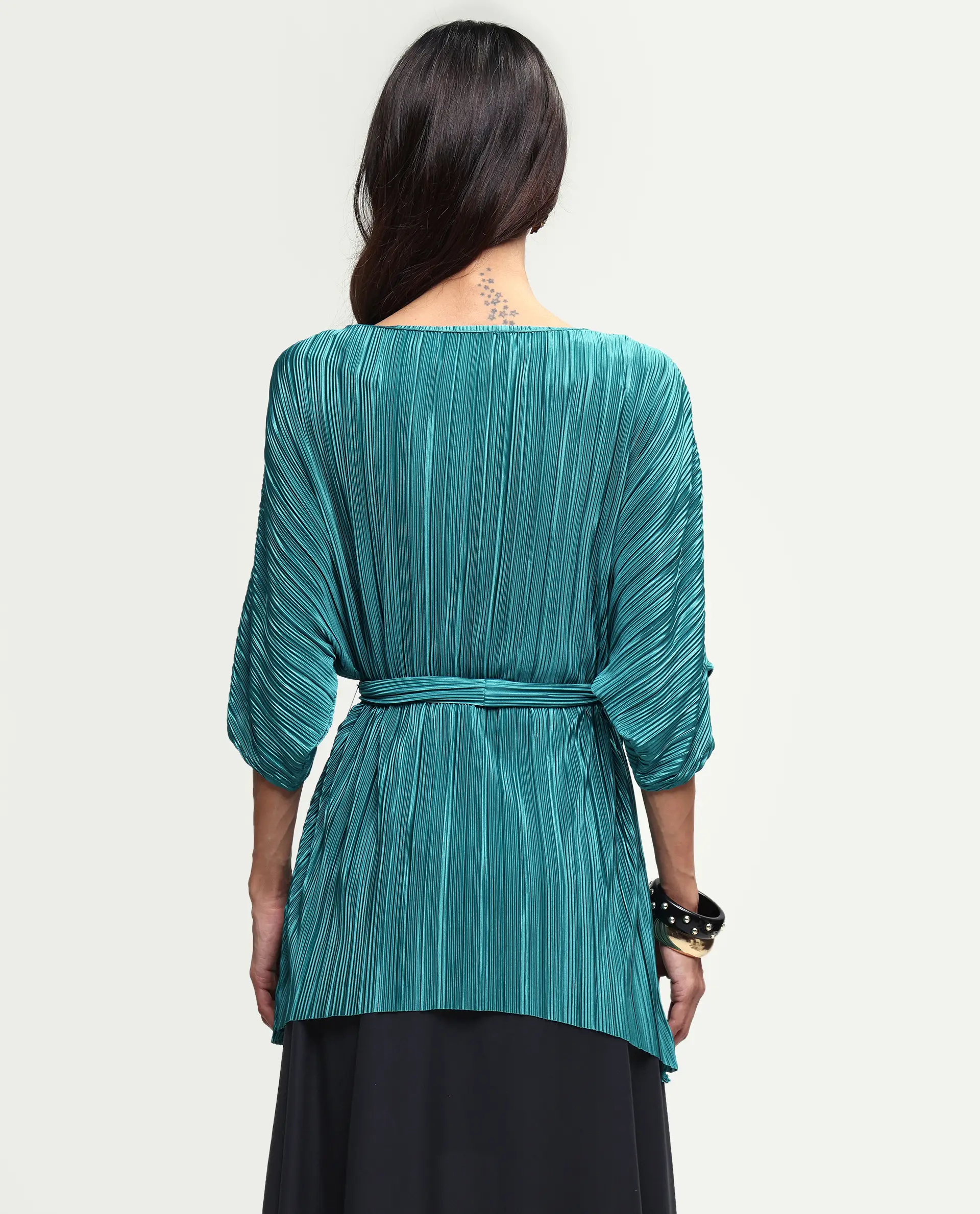 Rareism Women's Belgarde-T Petrol Polyester V-Neck Plain Extended Sleeves Relaxed Fit Top - Image 7
