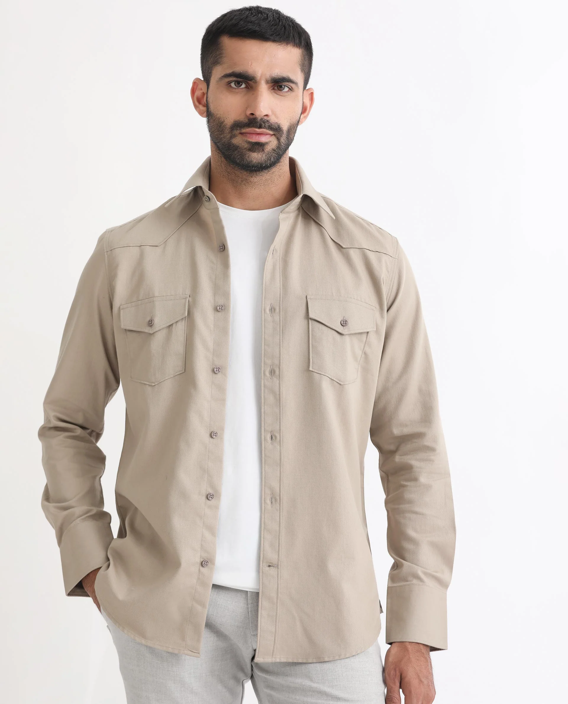 Rare Rabbit Men's Belia Beige Cotton Plain Regular Fit Full Sleeve Collared Shirt