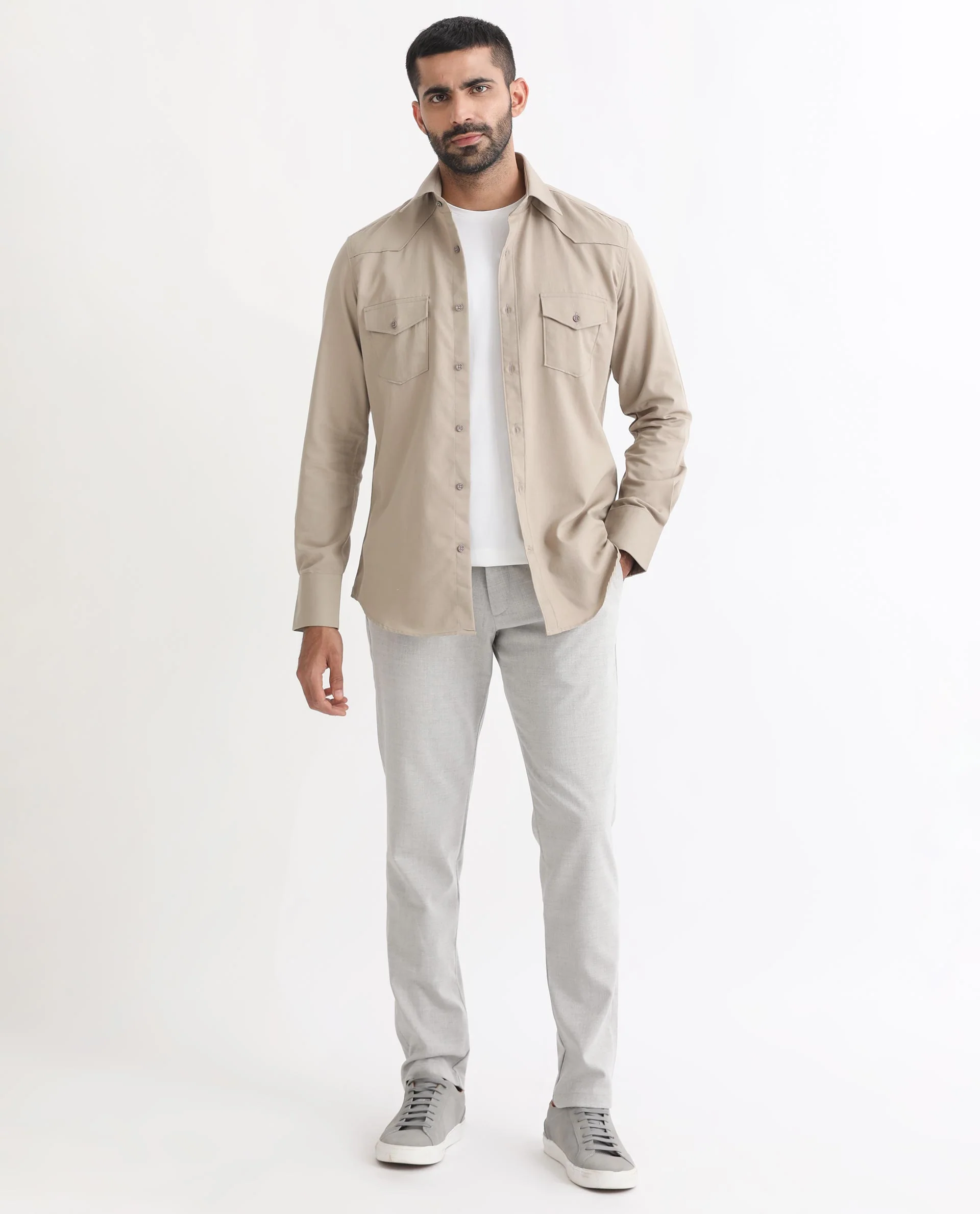 Rare Rabbit Men's Belia Beige Cotton Plain Regular Fit Full Sleeve Collared Shirt - Image 2