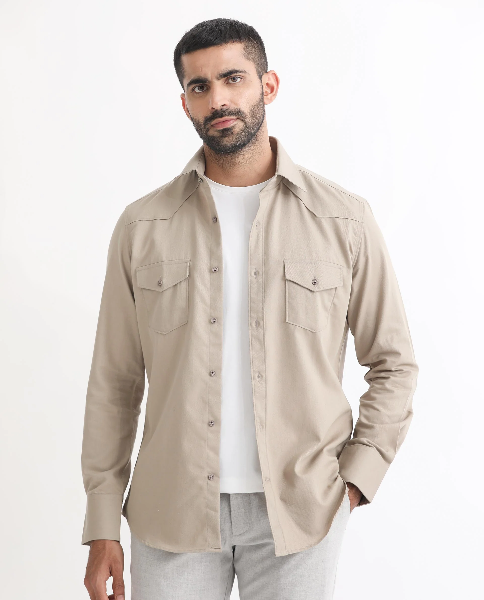 Rare Rabbit Men's Belia Beige Cotton Plain Regular Fit Full Sleeve Collared Shirt - Image 3