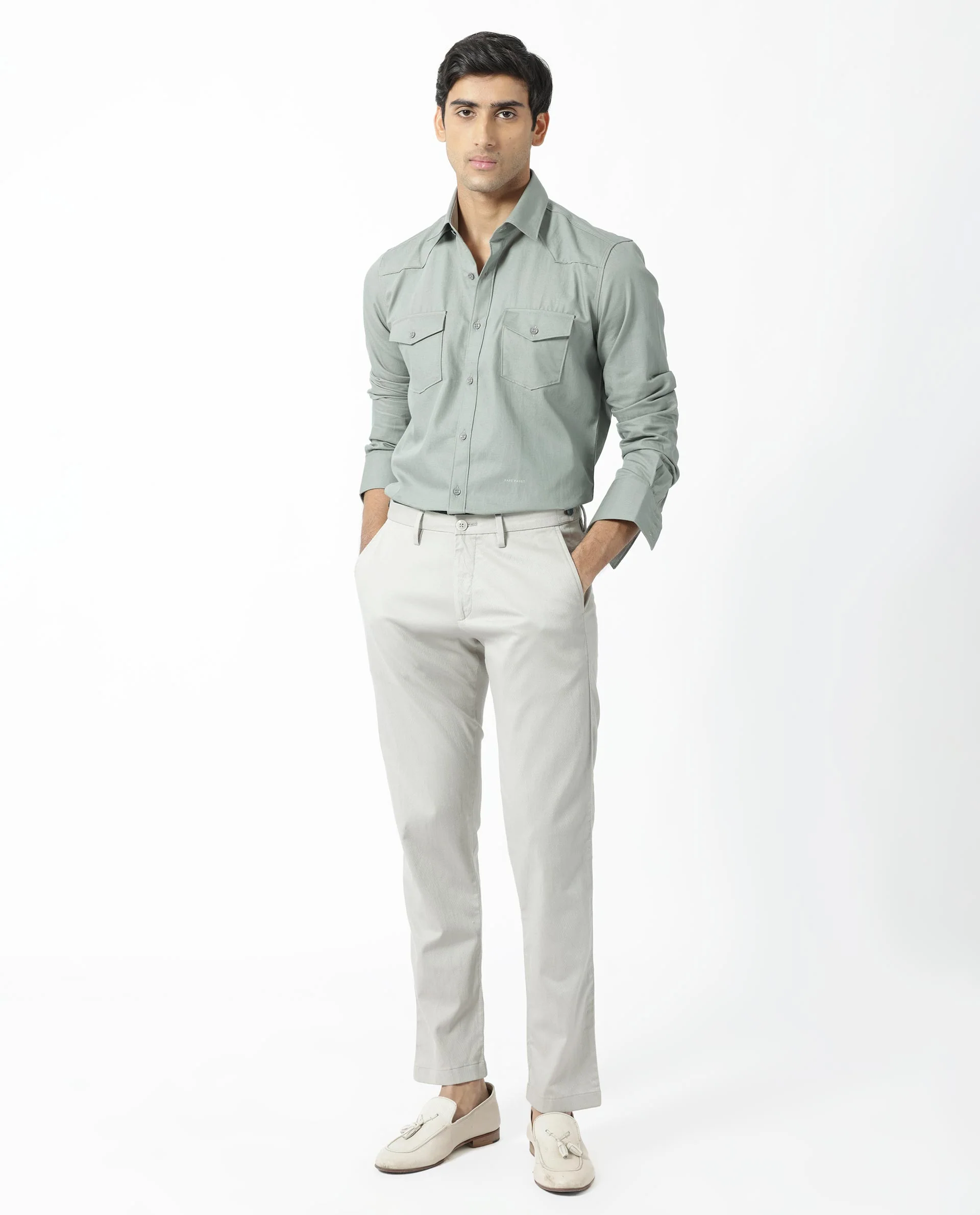 Rare Rabbit Men's Belia Dusky Green Cotton Plain Regular Fit Full Sleeve Collared Shirt - Image 2