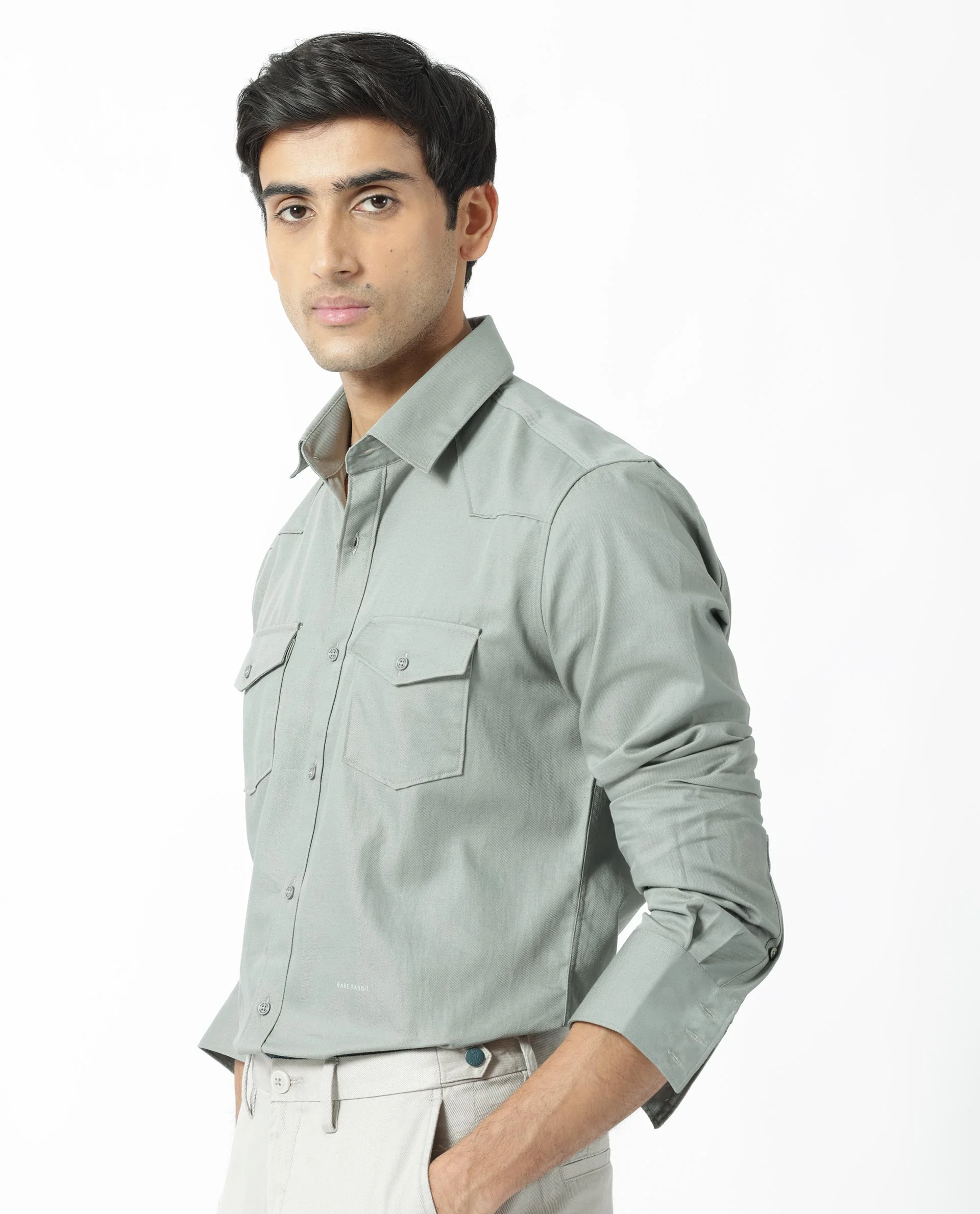 Rare Rabbit Men's Belia Dusky Green Cotton Plain Regular Fit Full Sleeve Collared Shirt - Image 3