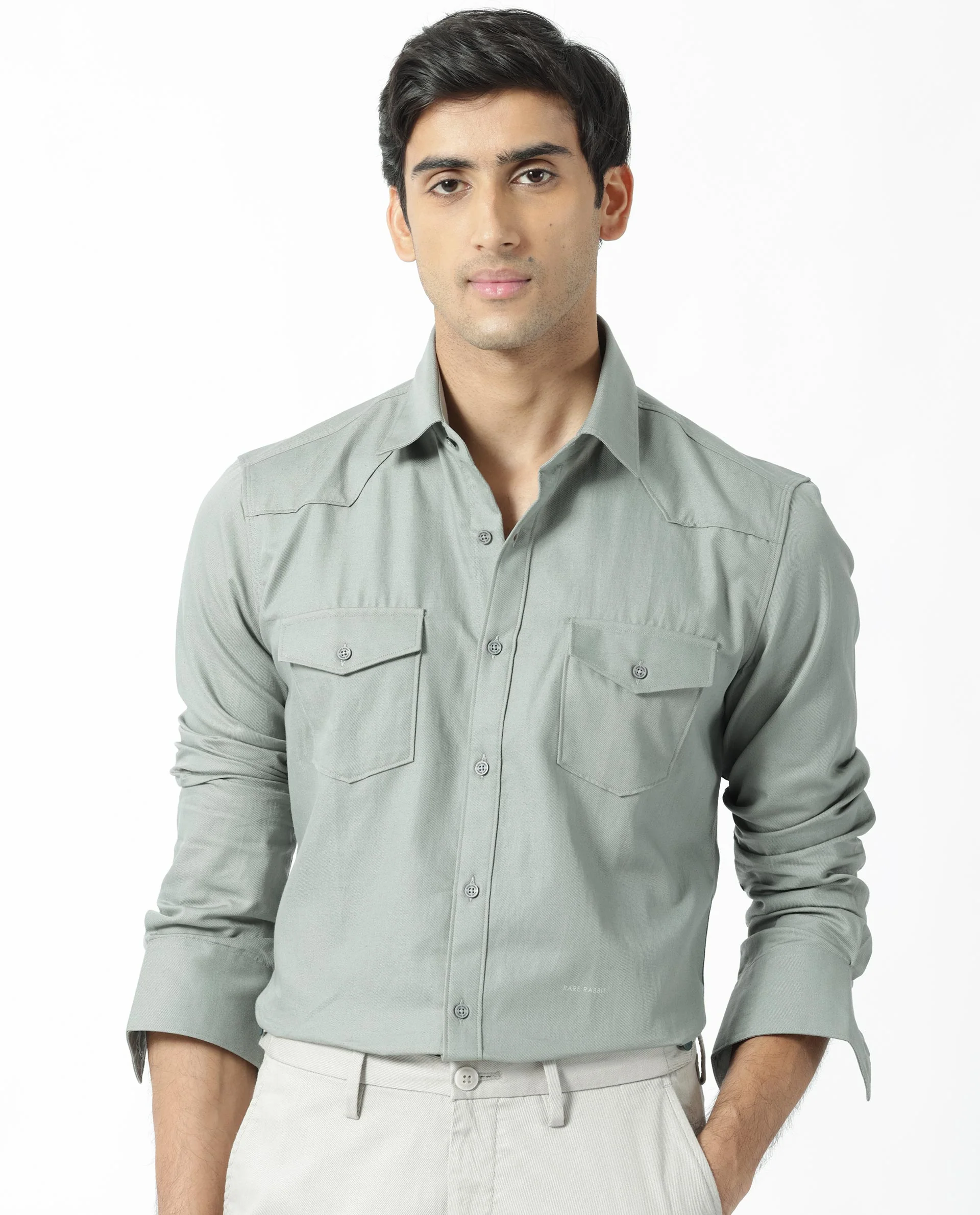 Rare Rabbit Men's Belia Dusky Green Cotton Plain Regular Fit Full Sleeve Collared Shirt - Image 6