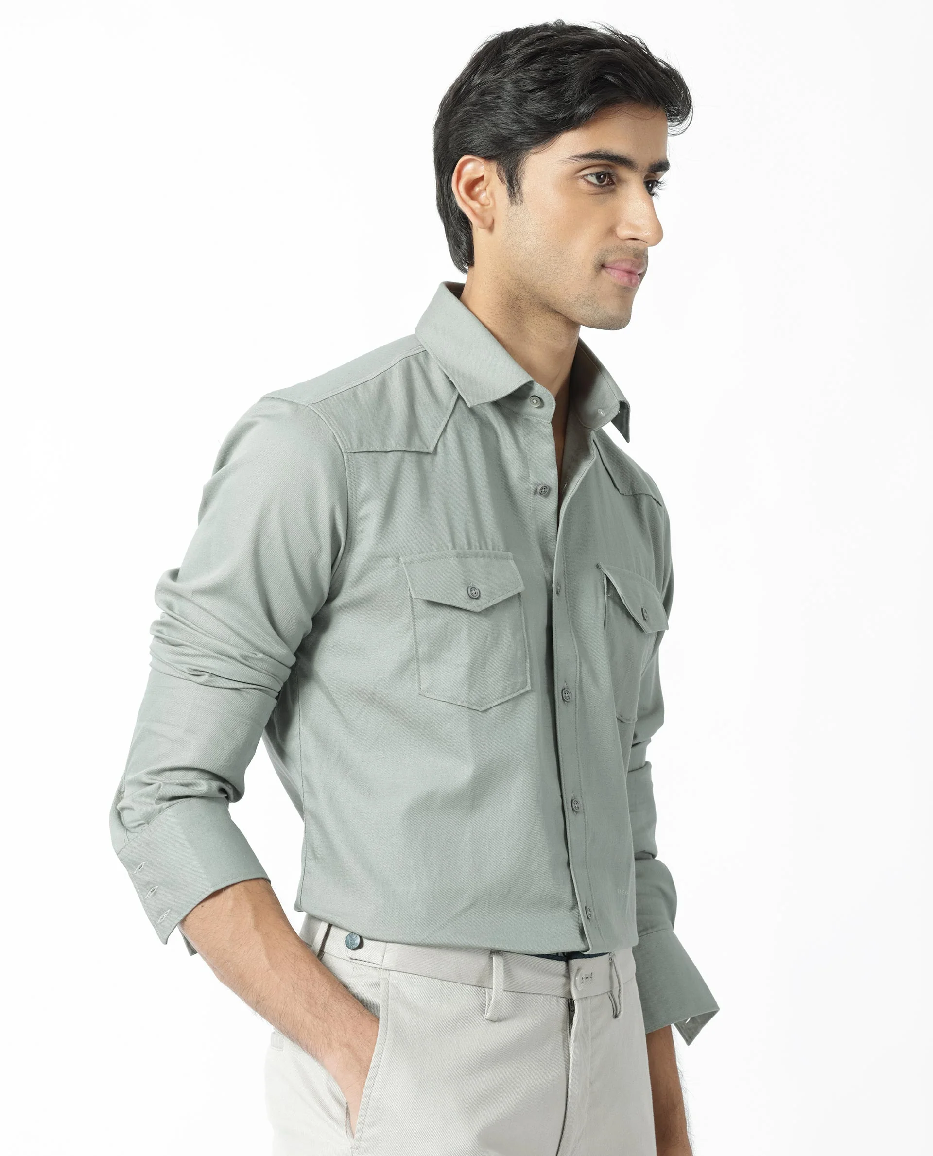 Rare Rabbit Men's Belia Dusky Green Cotton Plain Regular Fit Full Sleeve Collared Shirt - Image 7