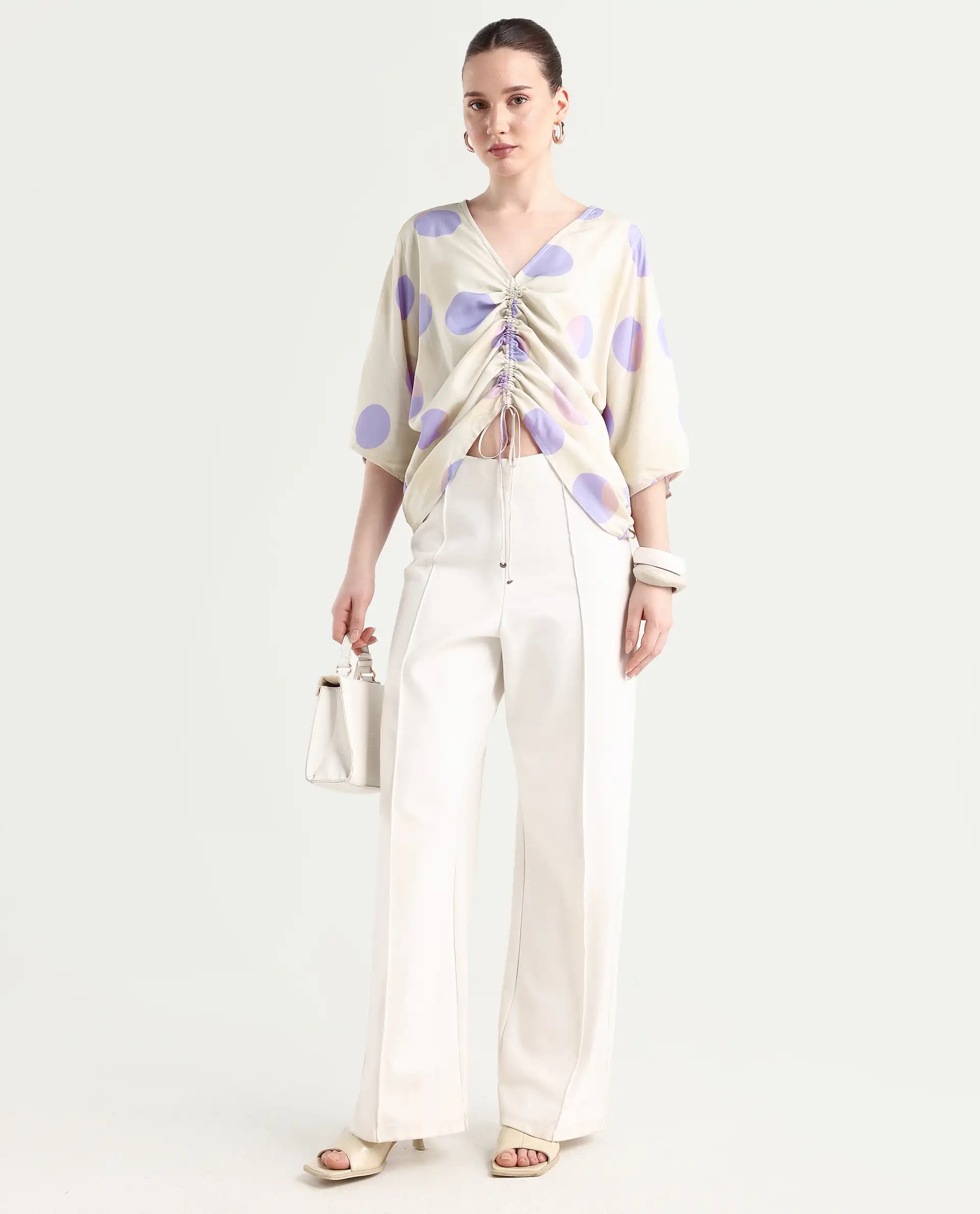 Rareism Women's Bell Beige Viscose V-Neck Polka Print Bell Sleeve Boxy Fit Top - Image 2
