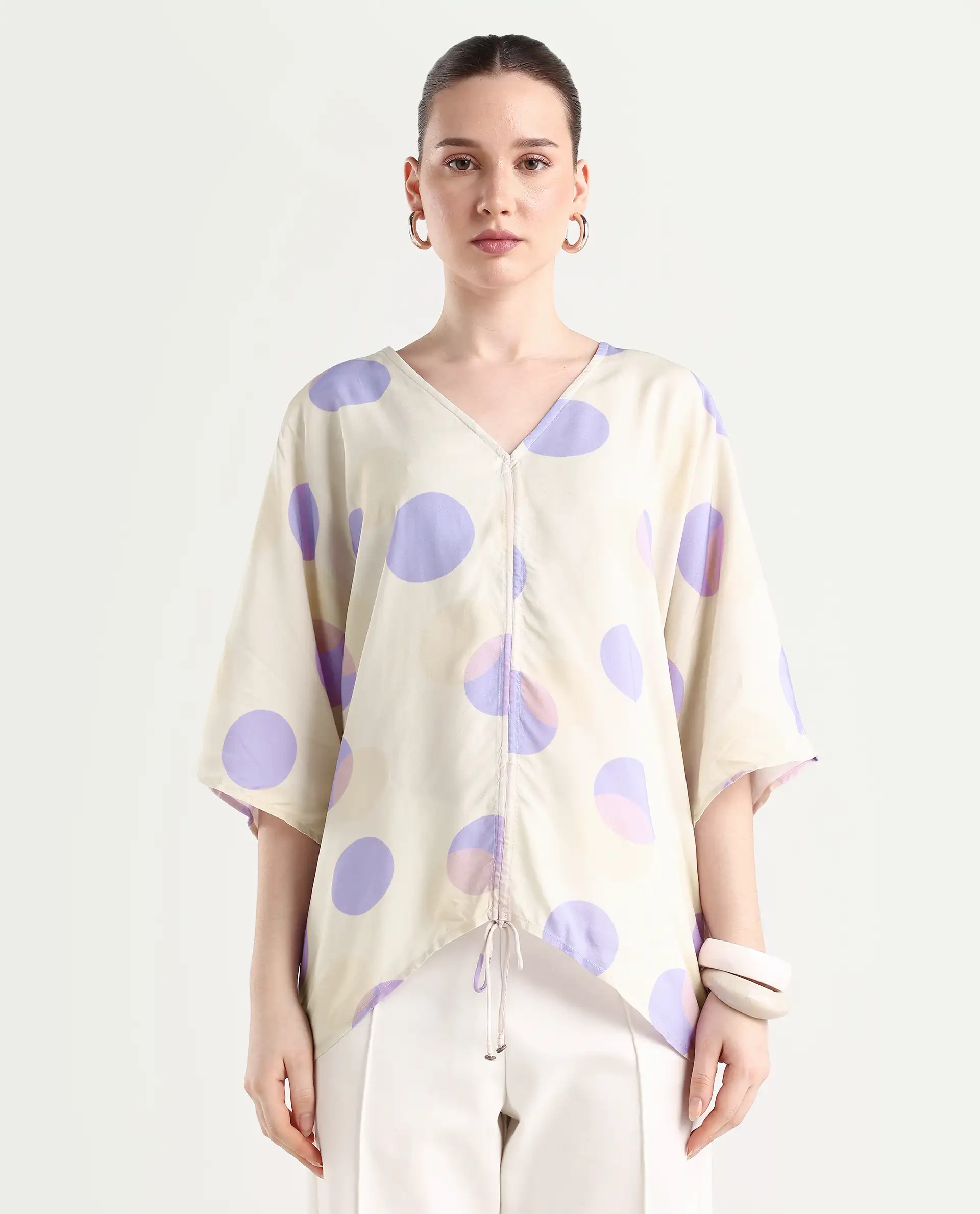 Rareism Women's Bell Beige Viscose V-Neck Polka Print Bell Sleeve Boxy Fit Top - Image 3