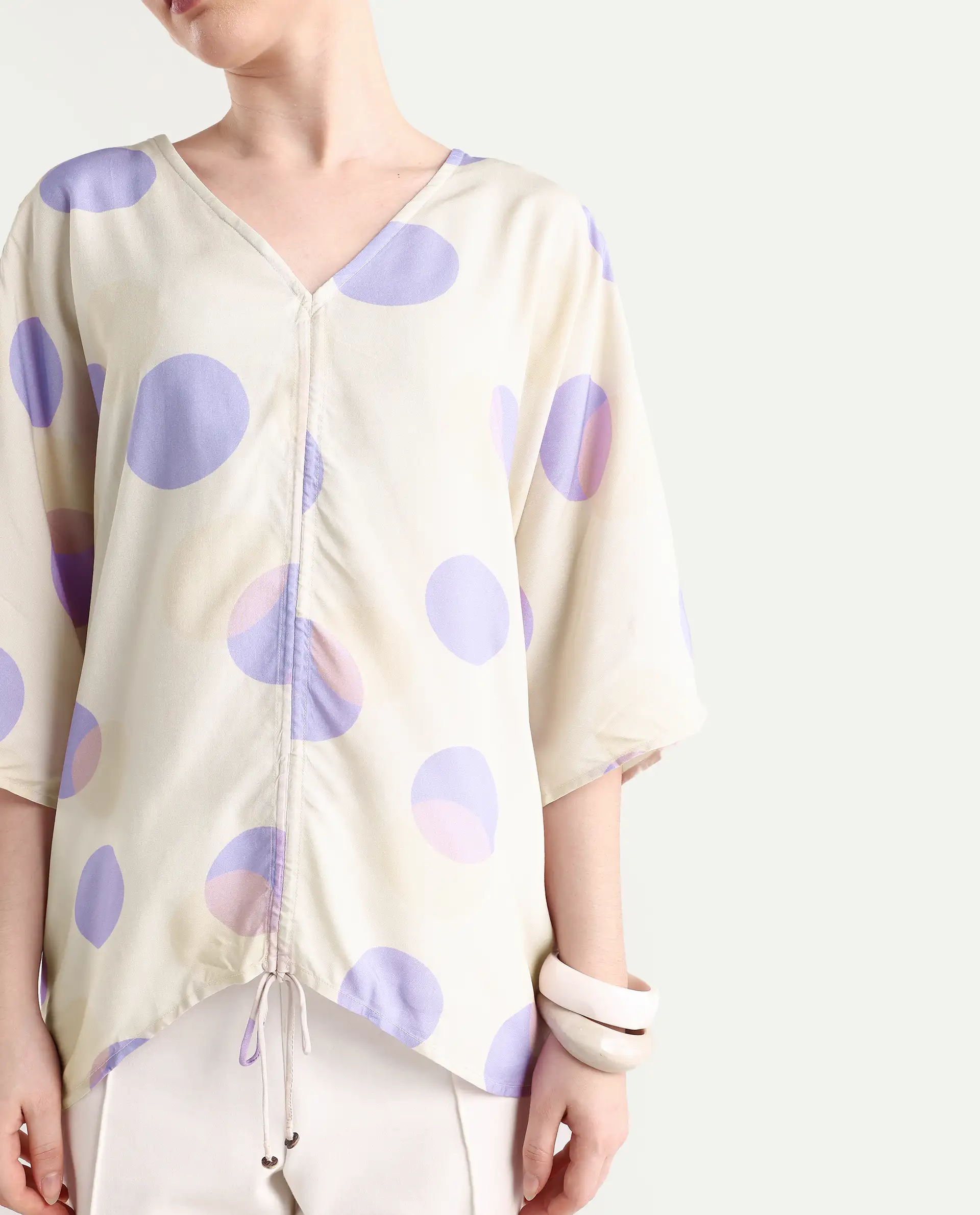 Rareism Women's Bell Beige Viscose V-Neck Polka Print Bell Sleeve Boxy Fit Top - Image 4