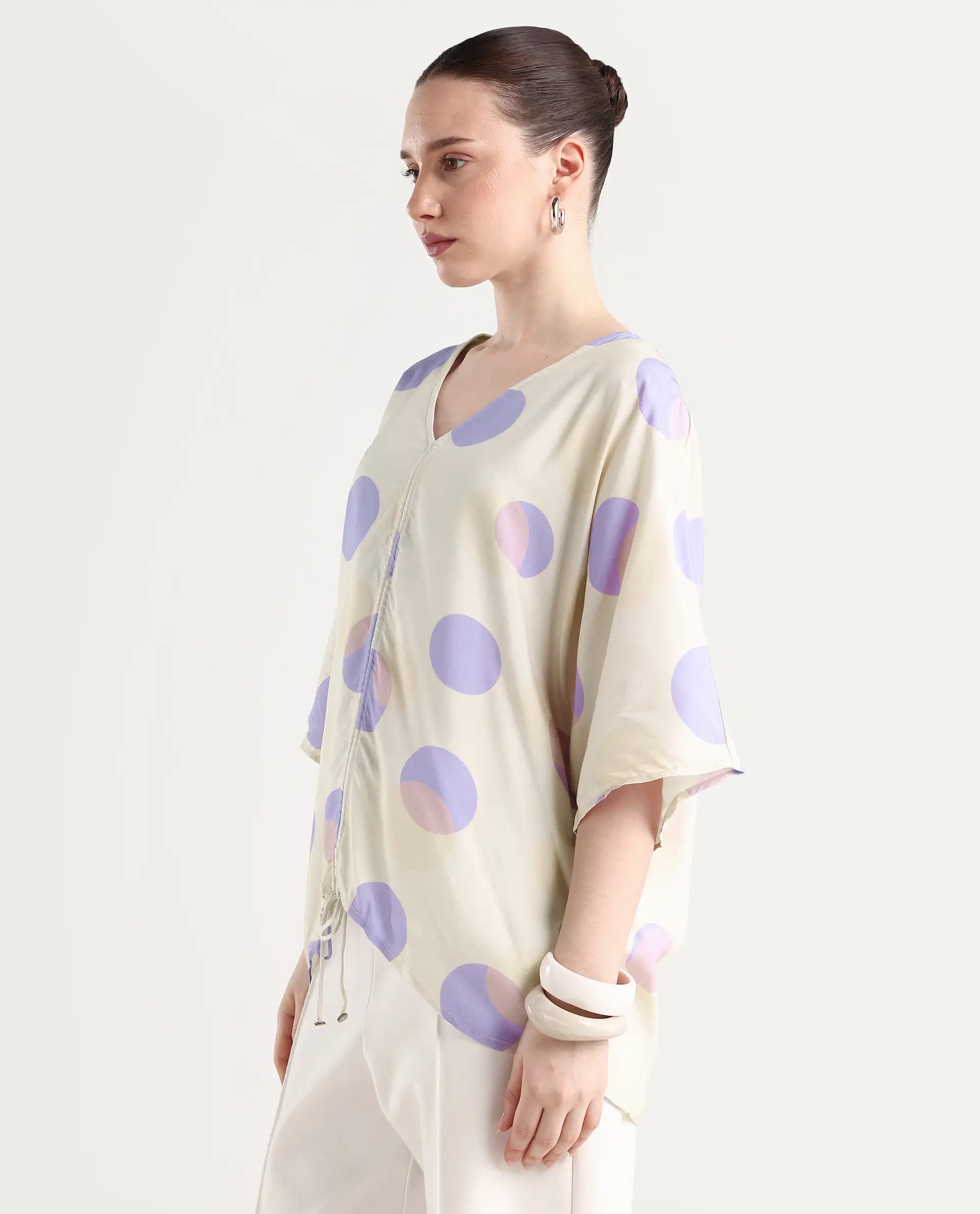 Rareism Women's Bell Beige Viscose V-Neck Polka Print Bell Sleeve Boxy Fit Top - Image 5