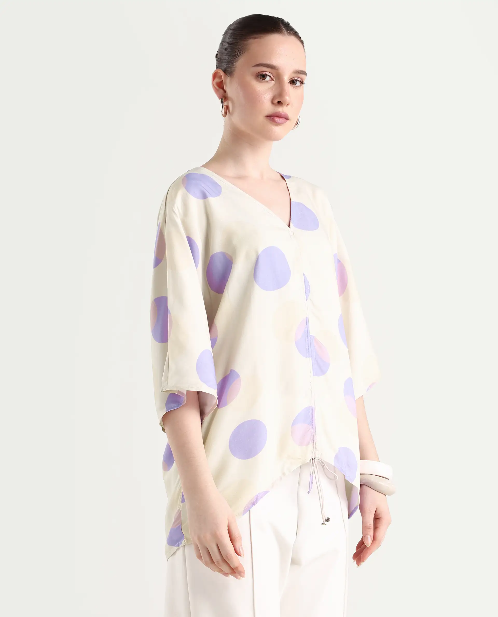 Rareism Women's Bell Beige Viscose V-Neck Polka Print Bell Sleeve Boxy Fit Top - Image 6