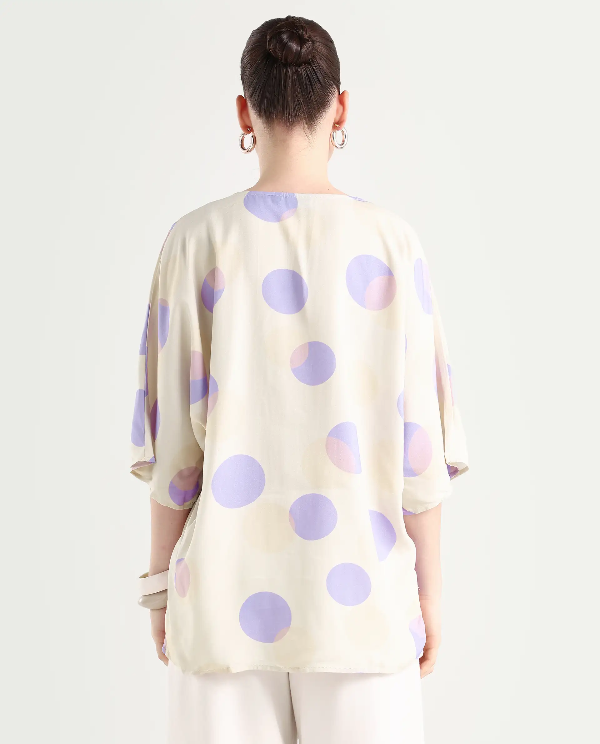 Rareism Women's Bell Beige Viscose V-Neck Polka Print Bell Sleeve Boxy Fit Top - Image 7