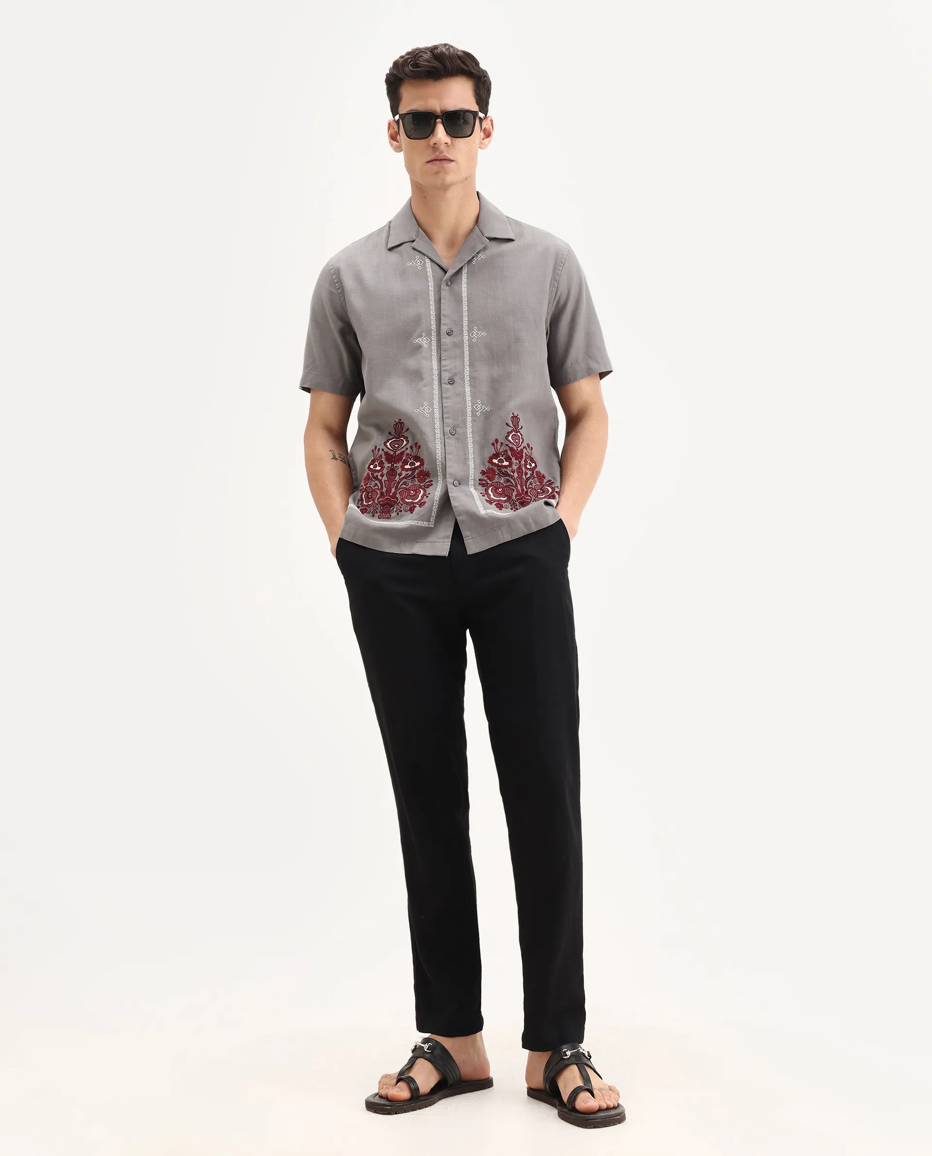 Rare Rabbit Men's Bellac Grey Cotton Embroidered Relaxed Fit Half Sleeve Cuban Collar Shirt - Image 2