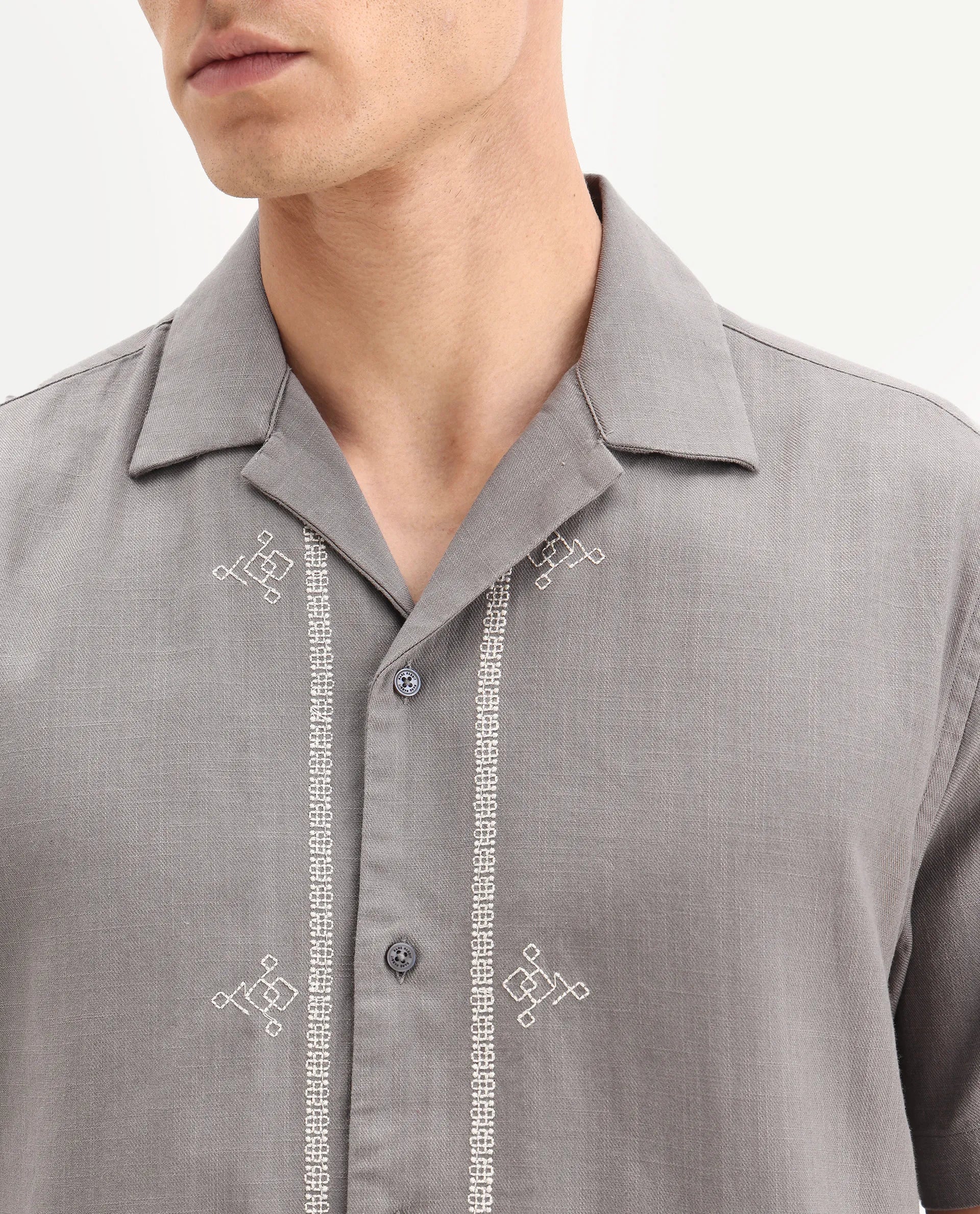 Rare Rabbit Men's Bellac Grey Cotton Embroidered Relaxed Fit Half Sleeve Cuban Collar Shirt - Image 3