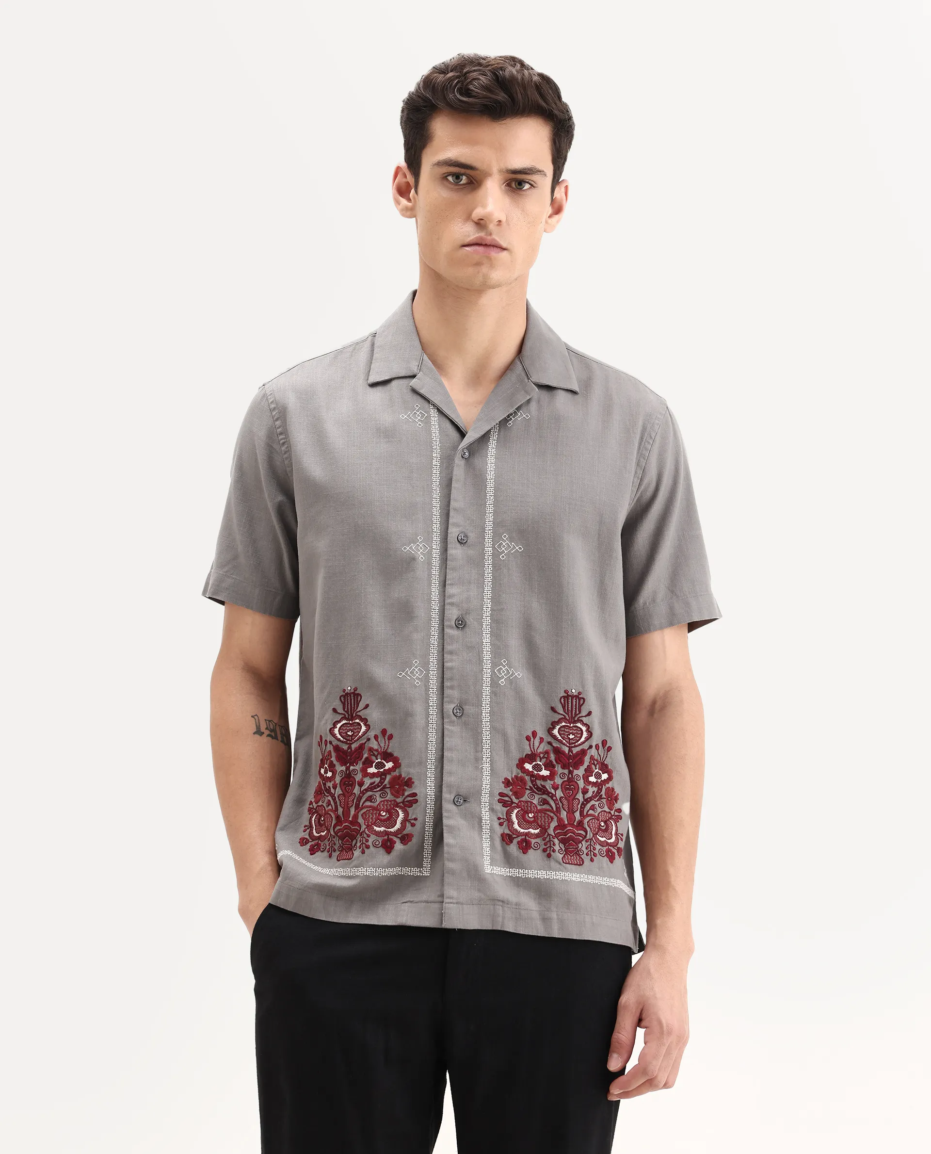 Rare Rabbit Men's Bellac Grey Cotton Embroidered Relaxed Fit Half Sleeve Cuban Collar Shirt - Image 4