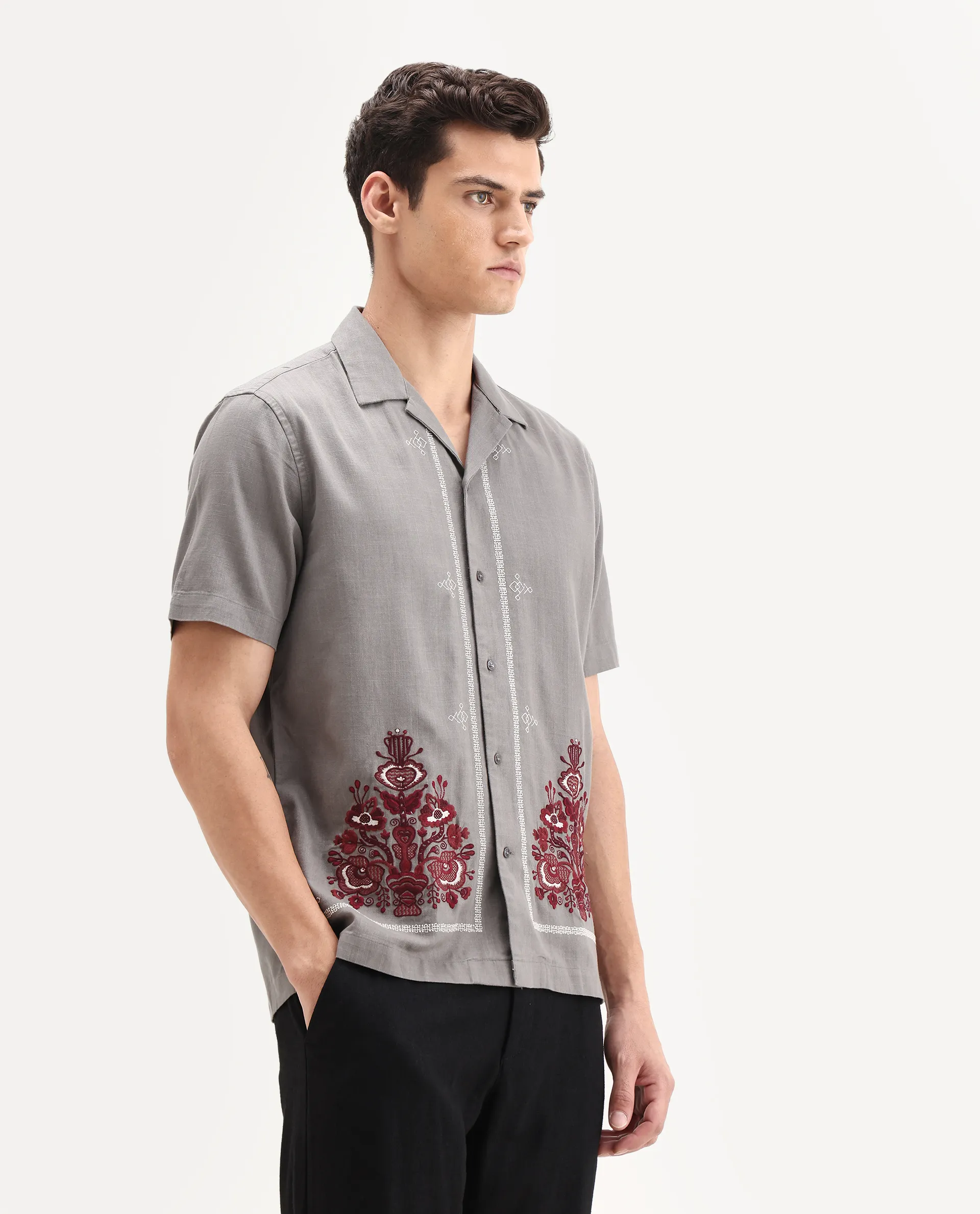 Rare Rabbit Men's Bellac Grey Cotton Embroidered Relaxed Fit Half Sleeve Cuban Collar Shirt - Image 5