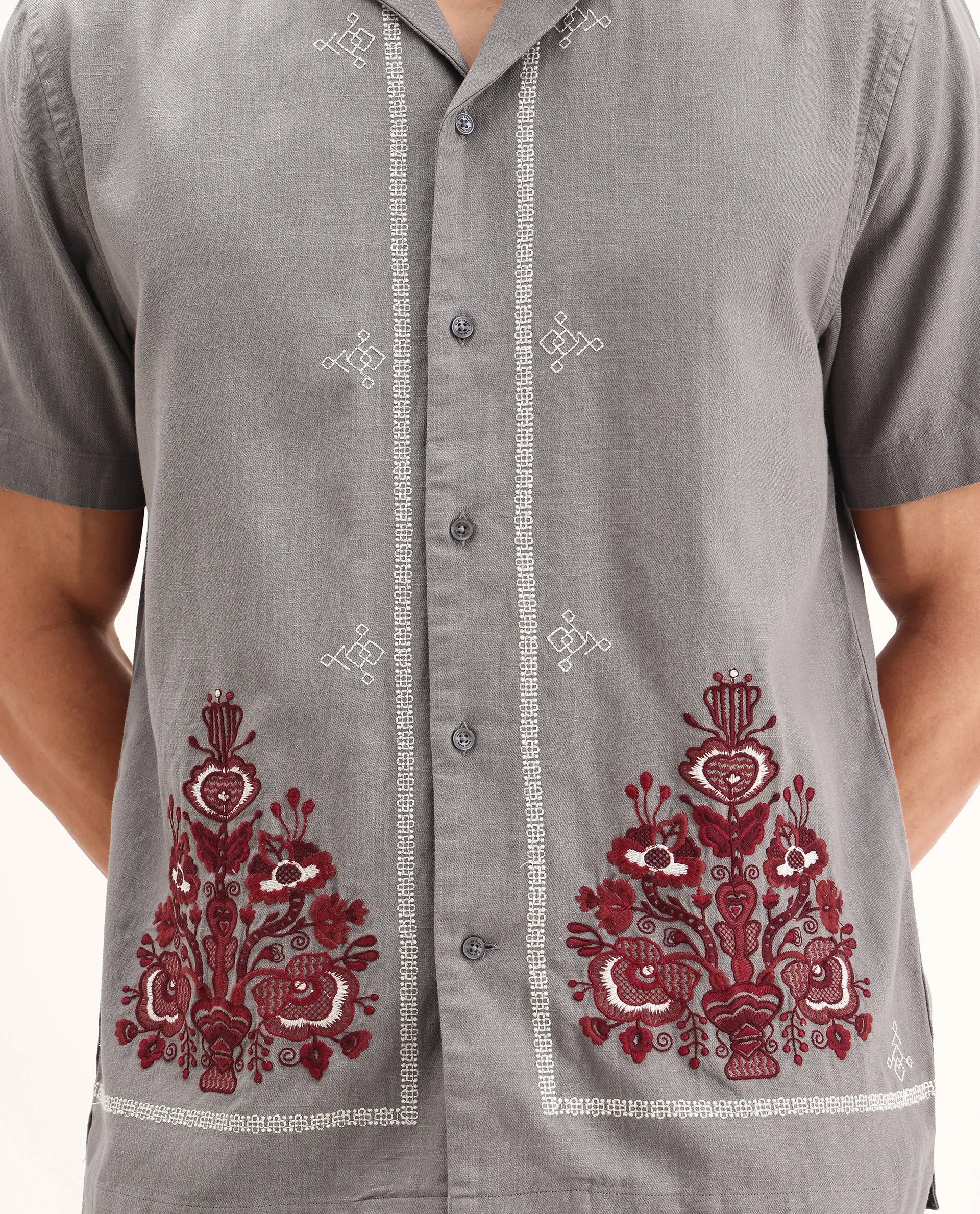 Rare Rabbit Men's Bellac Grey Cotton Embroidered Relaxed Fit Half Sleeve Cuban Collar Shirt - Image 6