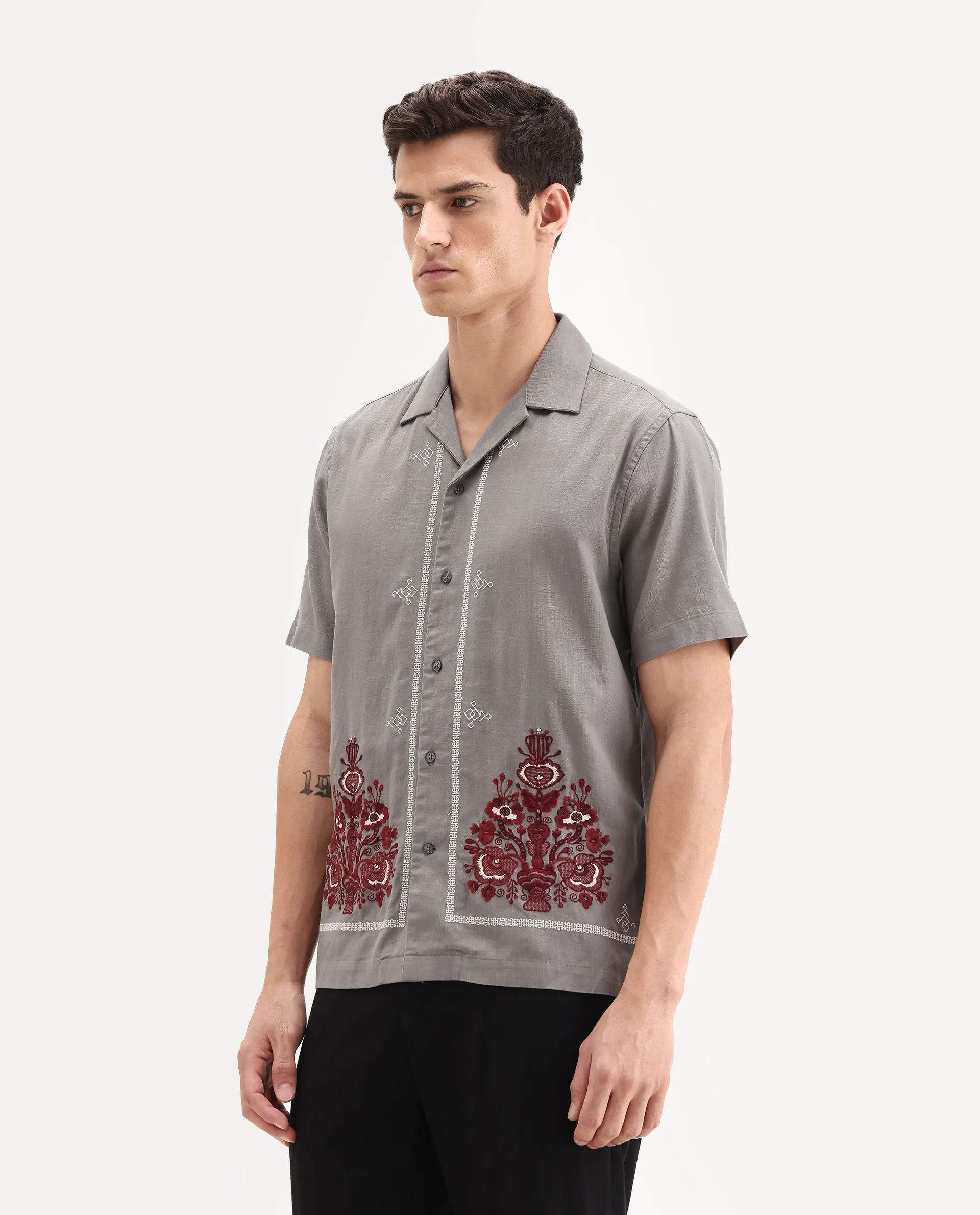 Rare Rabbit Men's Bellac Grey Cotton Embroidered Relaxed Fit Half Sleeve Cuban Collar Shirt - Image 7