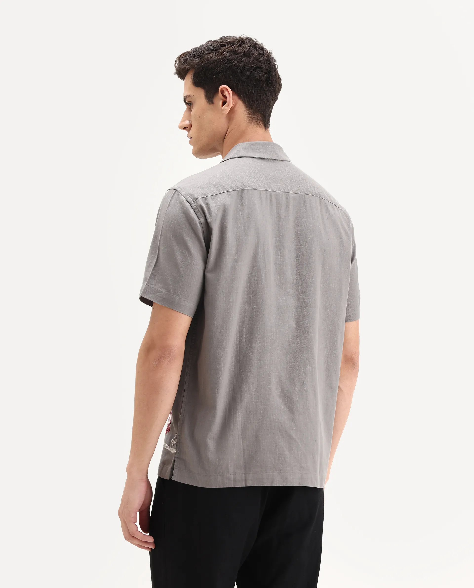 Rare Rabbit Men's Bellac Grey Cotton Embroidered Relaxed Fit Half Sleeve Cuban Collar Shirt - Image 8