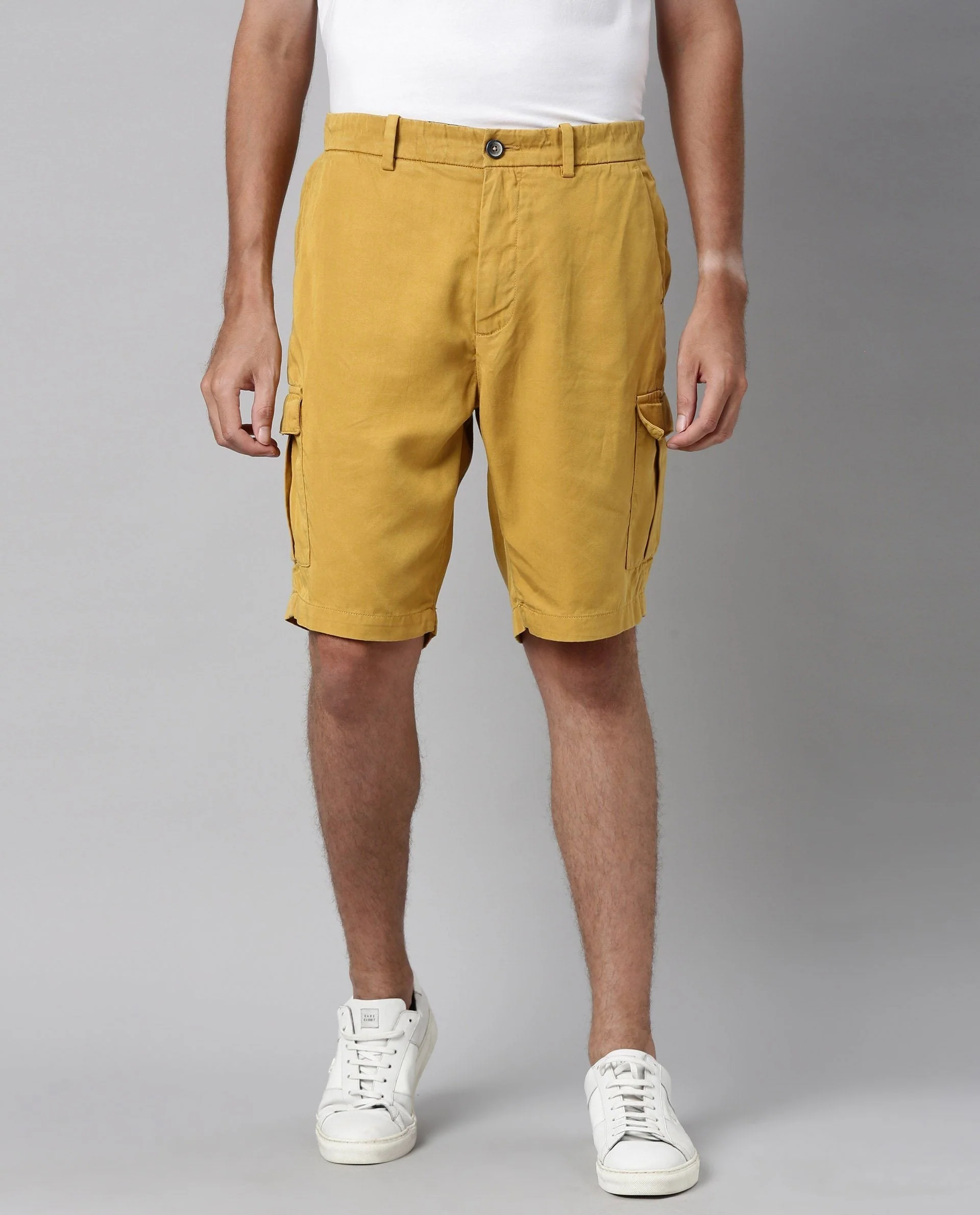 Rare Rabbit Men's Bellamy Yellow Tencel Slim Fit Shorts