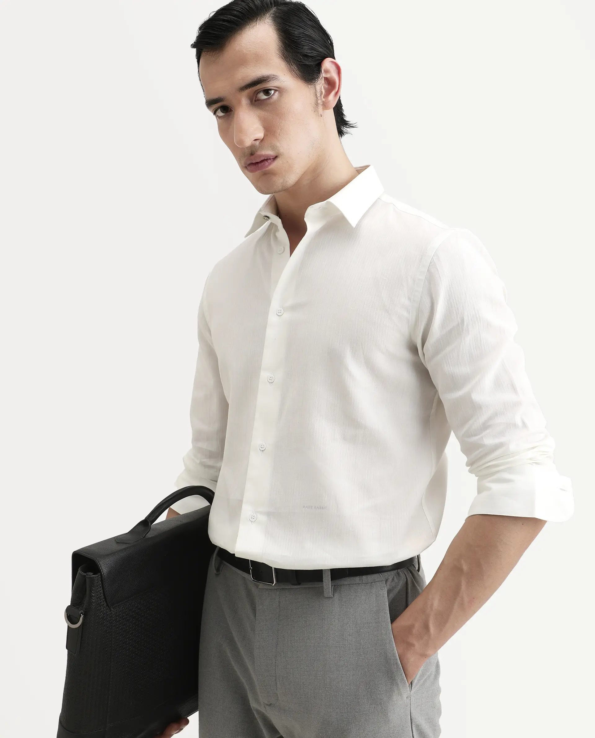 Rare Rabbit Men's Bellany White Cotton Fabric Full Sleeve Spread Collar Regular Fit Plain Shirt