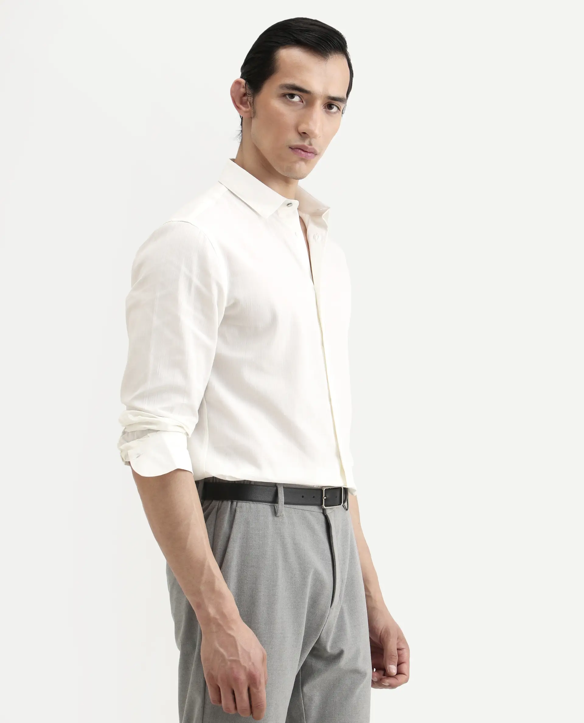 Rare Rabbit Men's Bellany White Cotton Fabric Full Sleeve Spread Collar Regular Fit Plain Shirt - Image 4