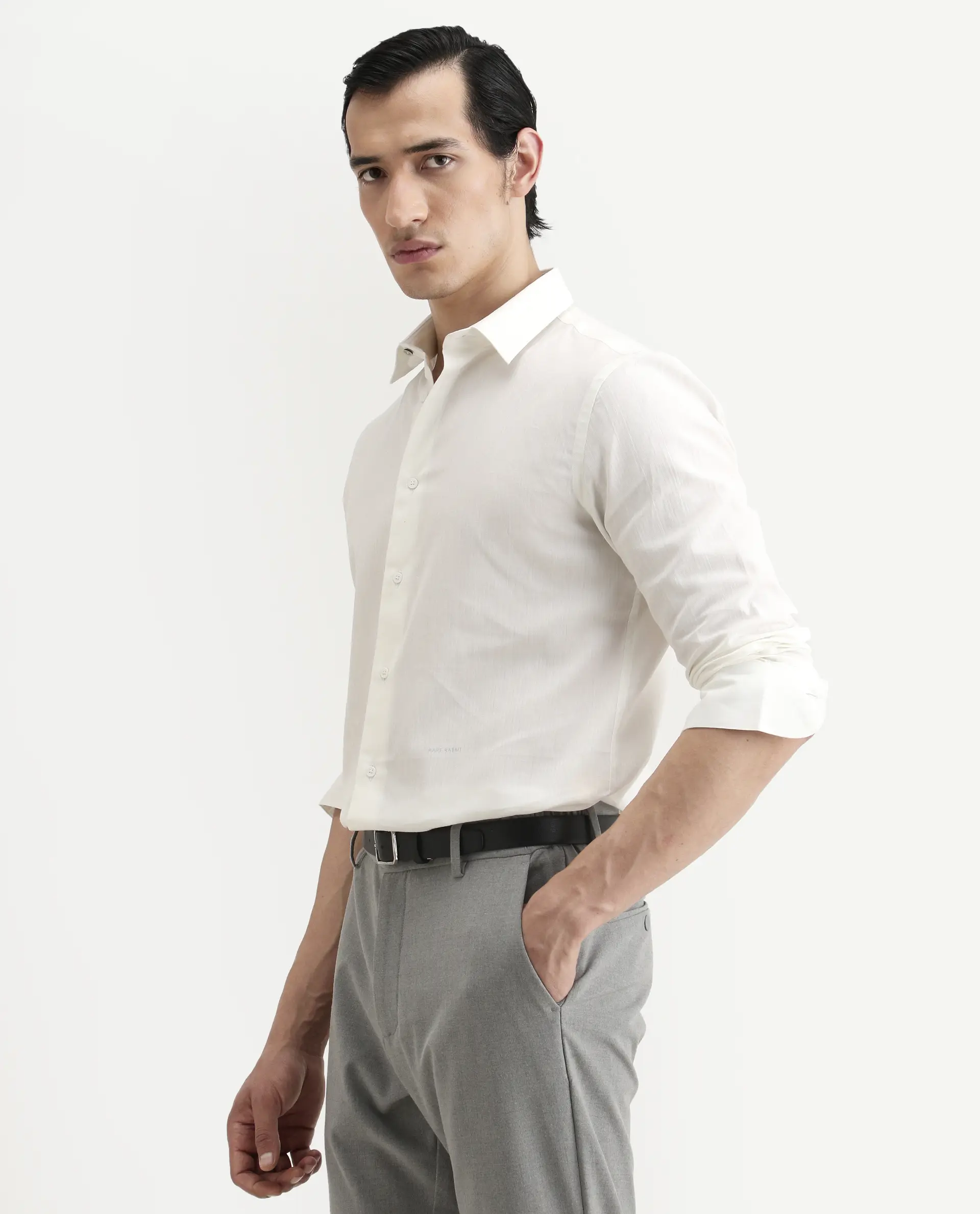Rare Rabbit Men's Bellany White Cotton Fabric Full Sleeve Spread Collar Regular Fit Plain Shirt - Image 6