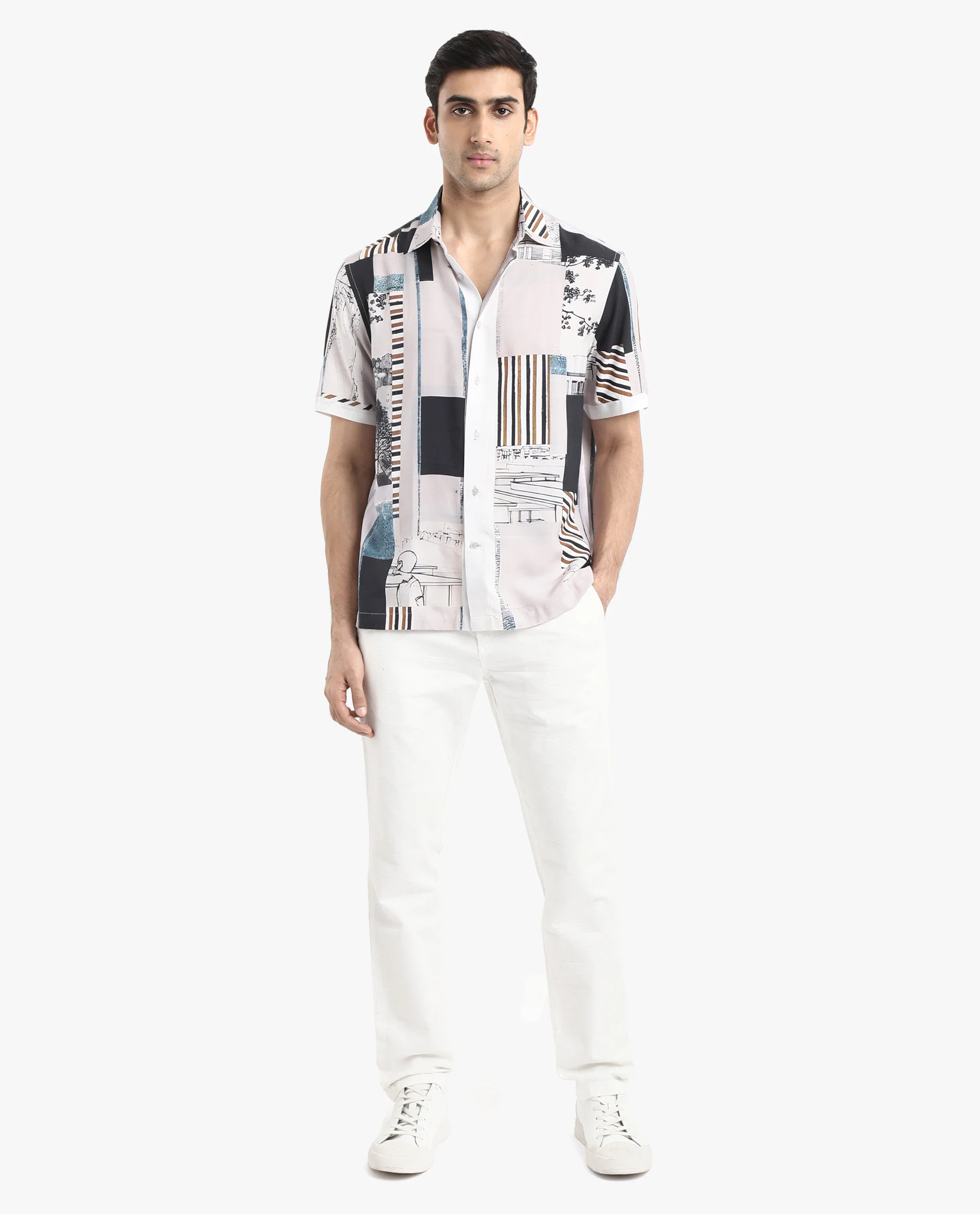 Rare Rabbit Men's Bellatrix White Viscose Abstract Print Boxy Fit Half Sleeve Collared Shirt - Image 2