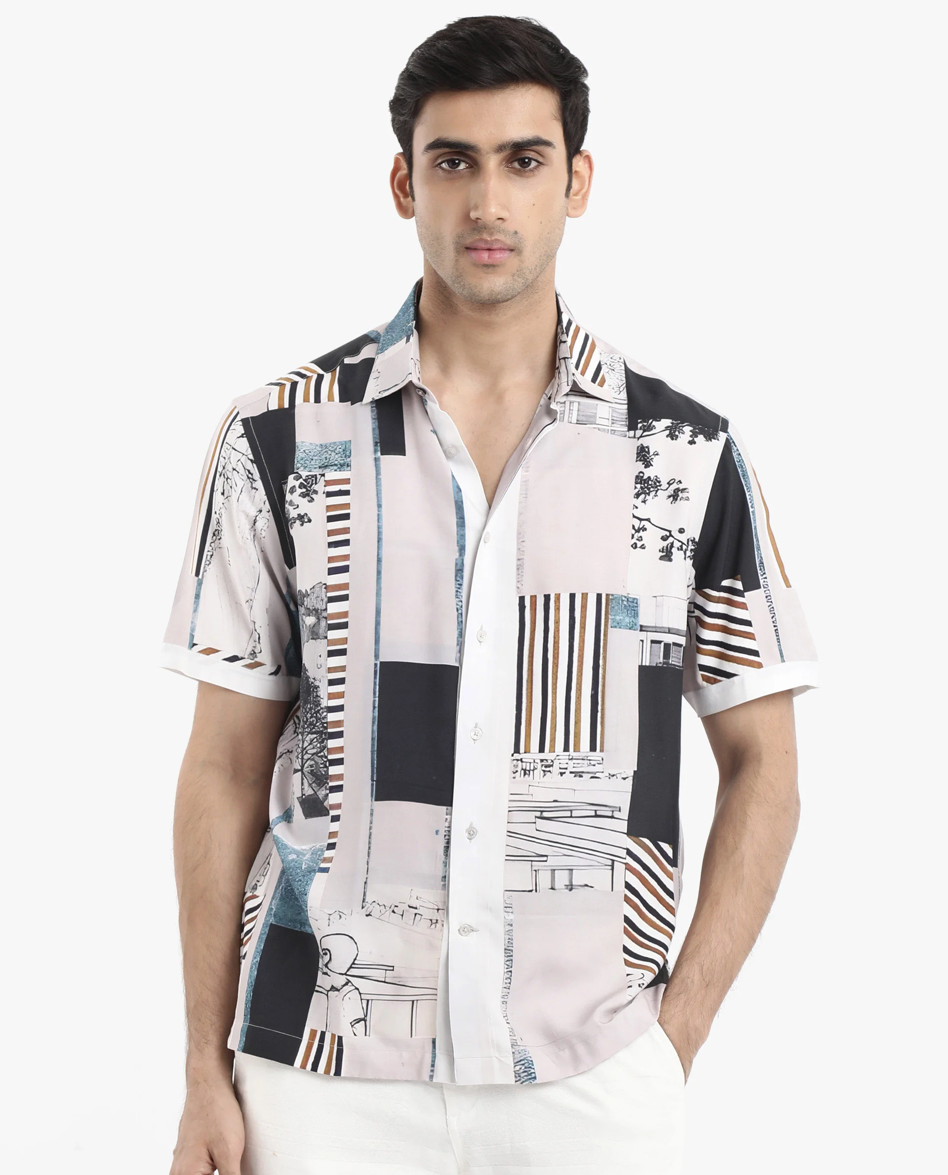 Rare Rabbit Men's Bellatrix White Viscose Abstract Print Boxy Fit Half Sleeve Collared Shirt - Image 3